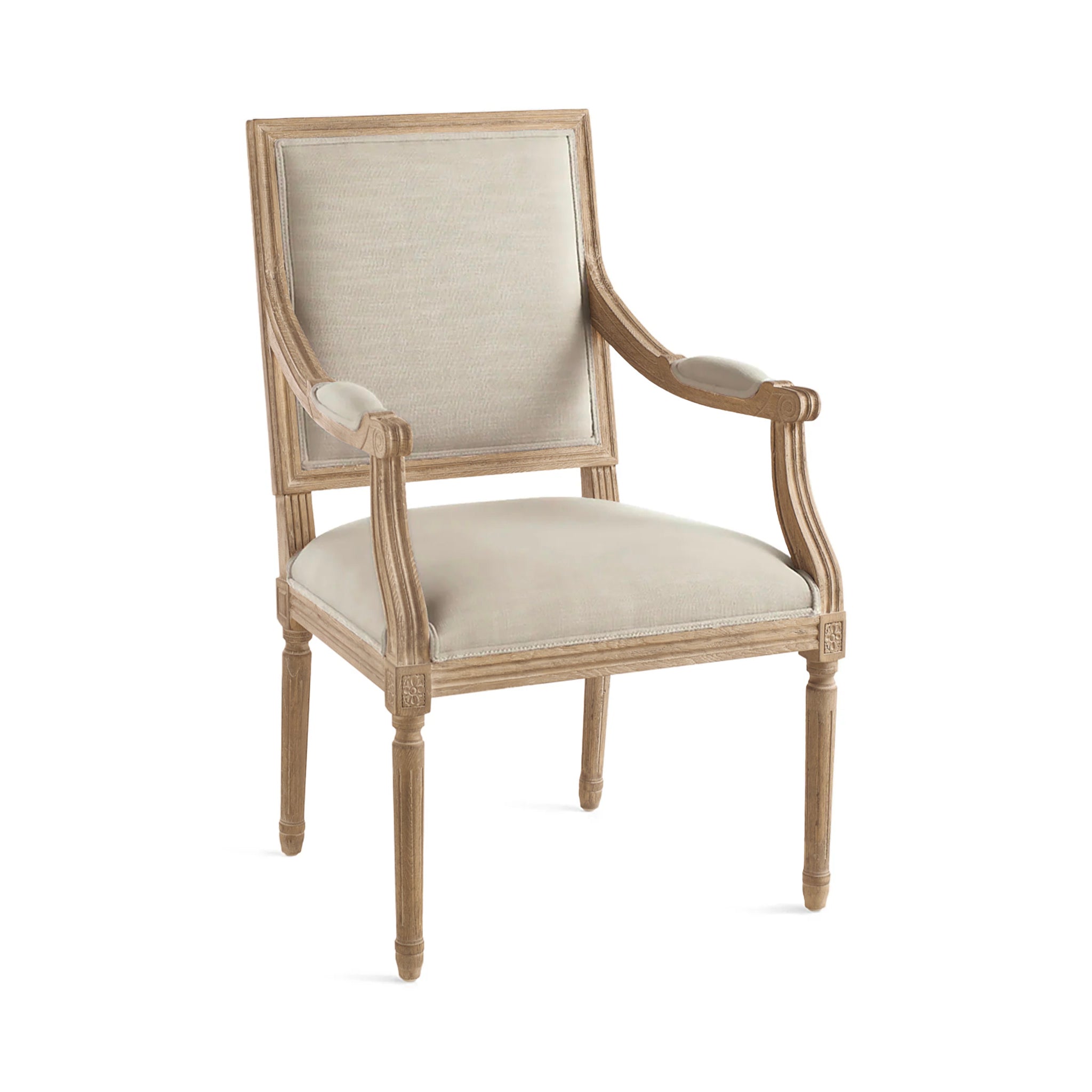 Chateau Chair With Arm – angled view, natural linen, bleached wood, white background.