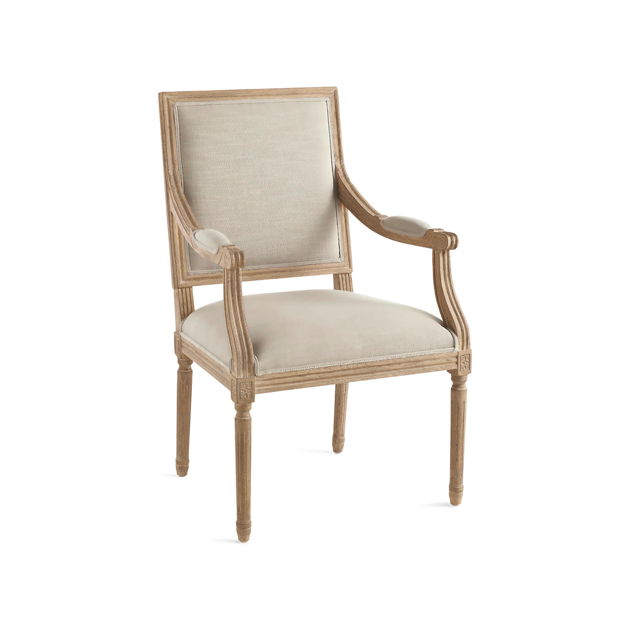 Chateau Chair With Arm – angled view, natural linen, bleached wood, white backdrop.