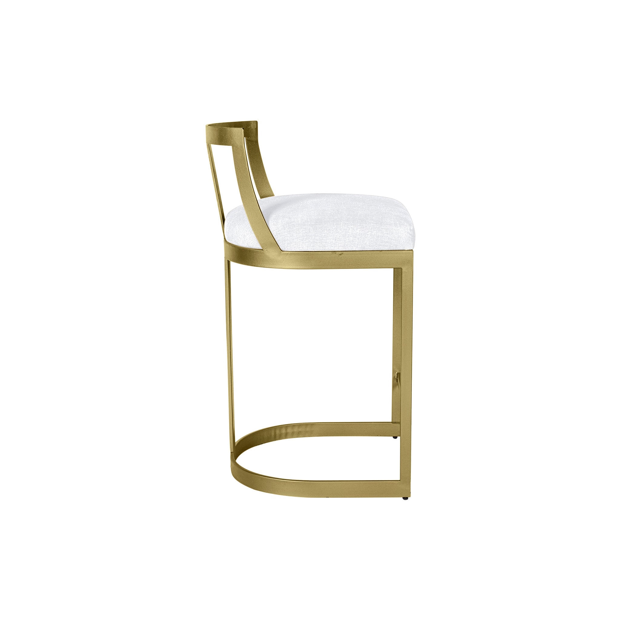 Emerson Stool – Side profile view, curved gold frame, white cushion.