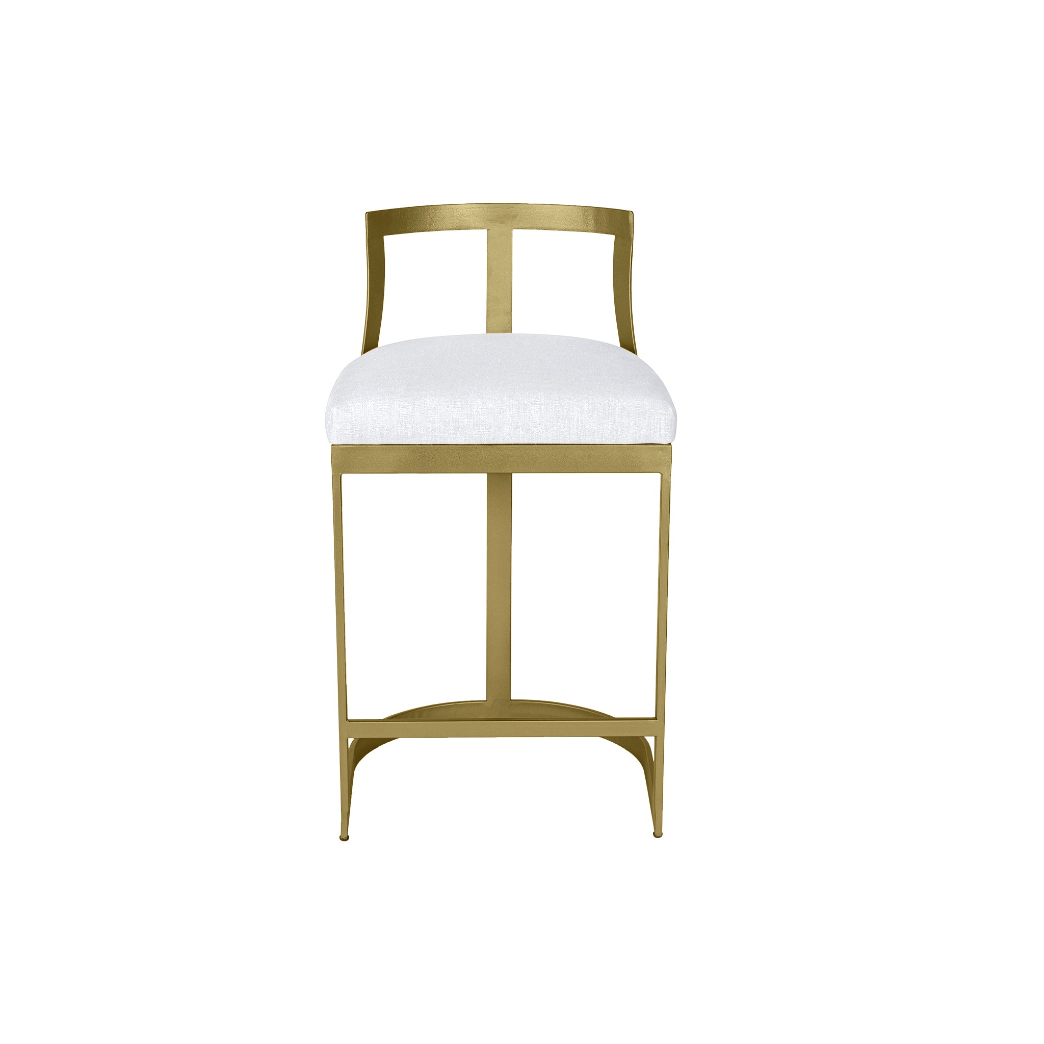 Emerson Stool – Front view, modern gold frame, white upholstered seat.