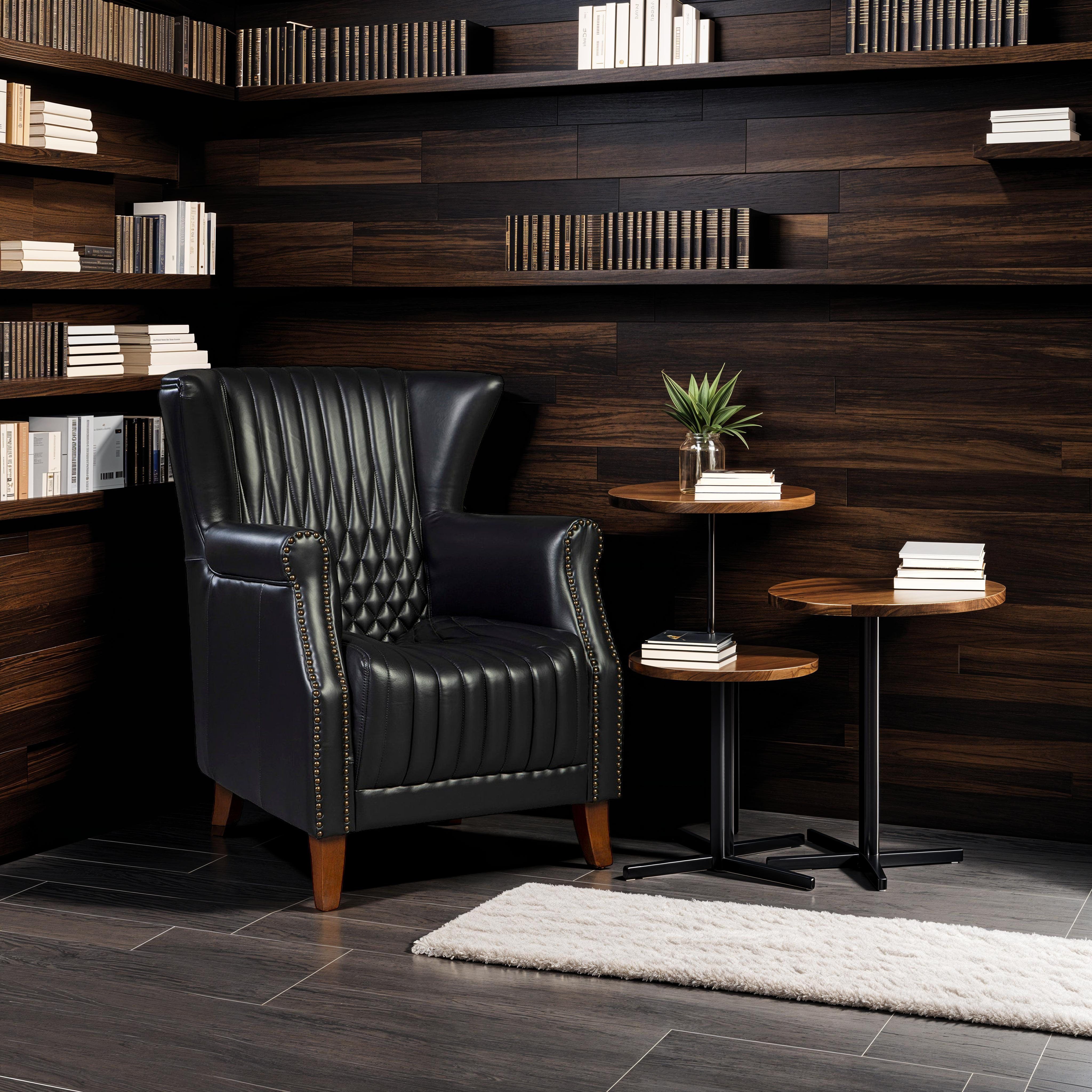 Black Les Puces Leather Club Chair: Chair in living room setting