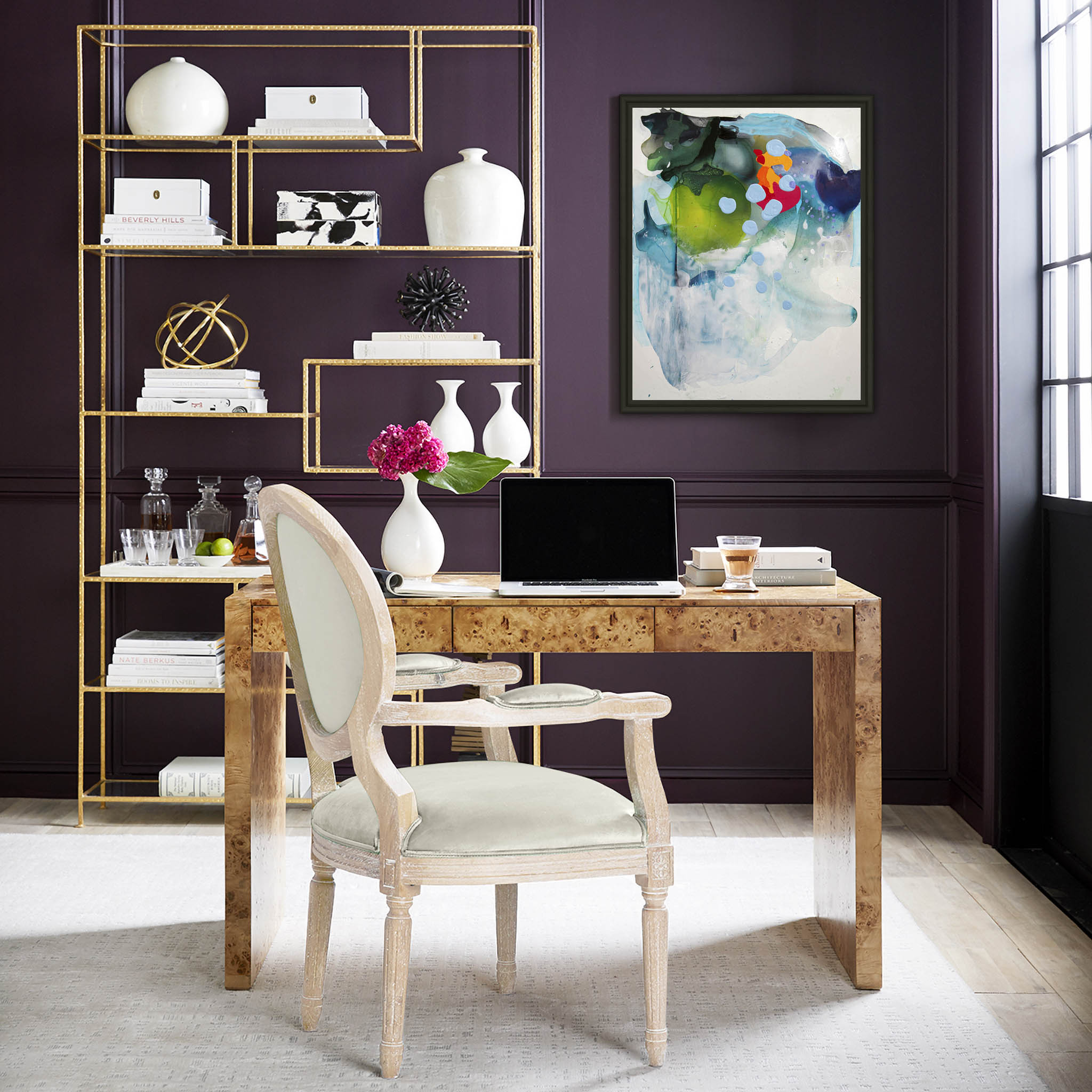 Oslo Burl Wood Veneer Desk In Office With Tan Chair And Laptop