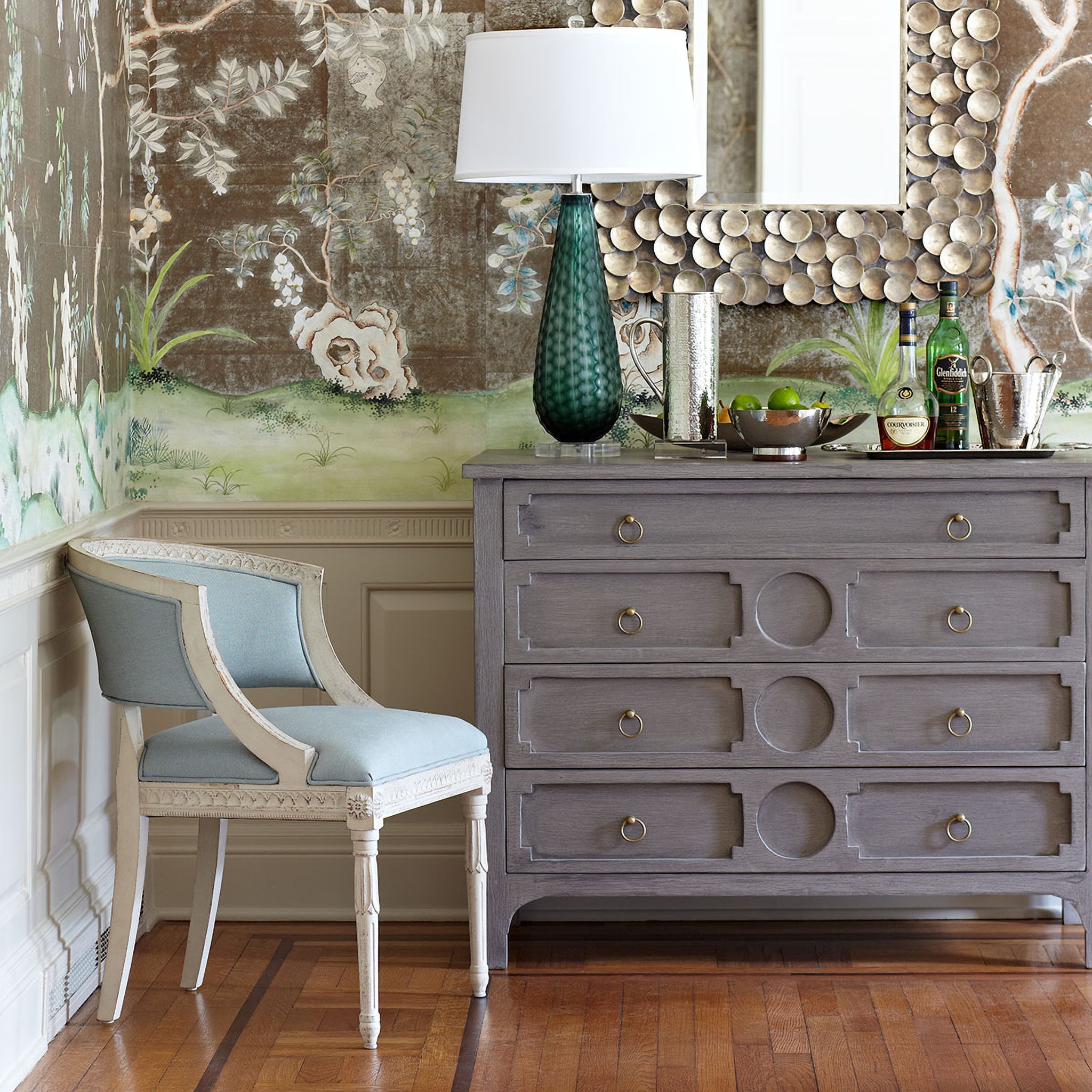 French Blue Gustavian Tub Chair Lifestyle with Gray Chest