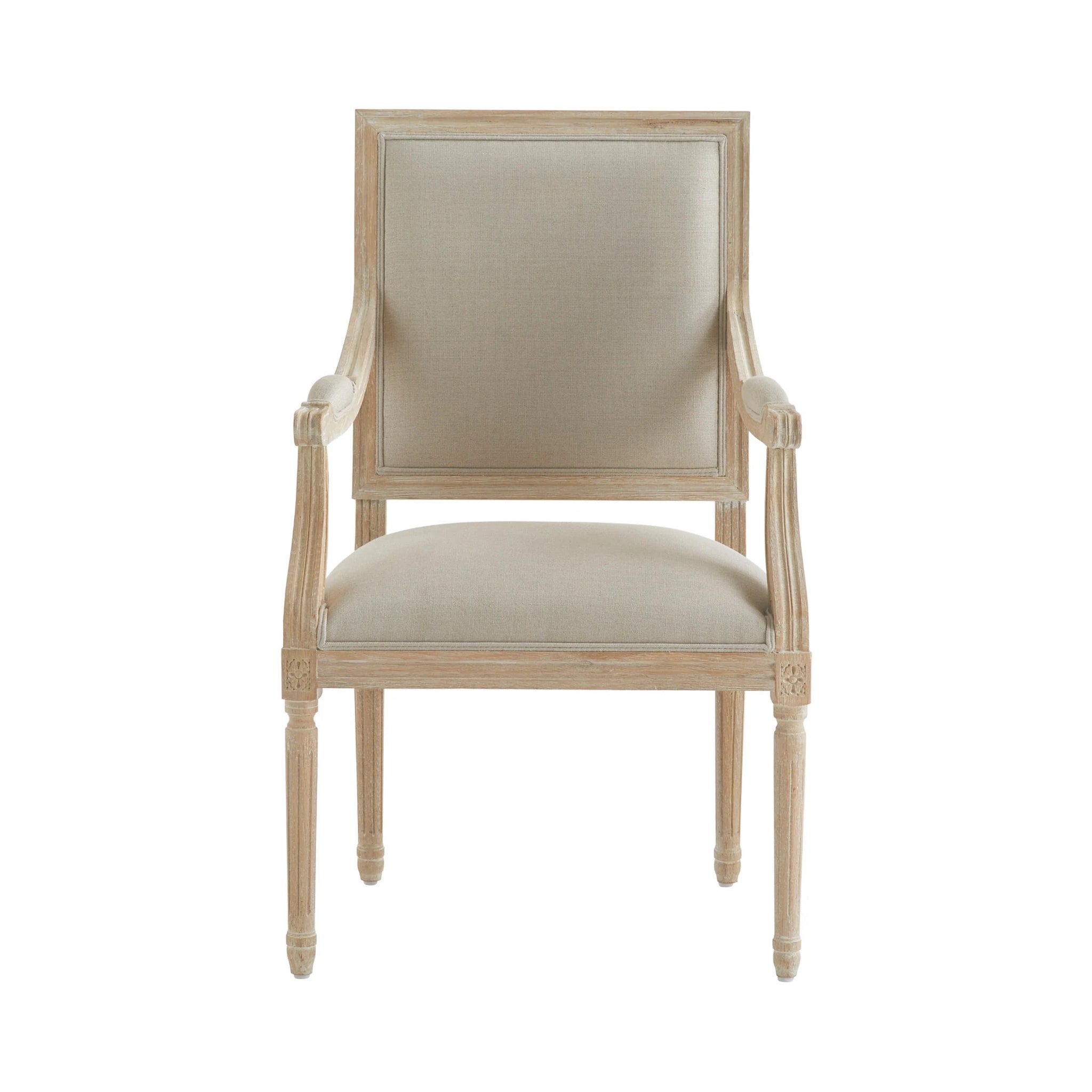 Chateau Chair With Arm – front view, natural linen, bleached wood, white background.