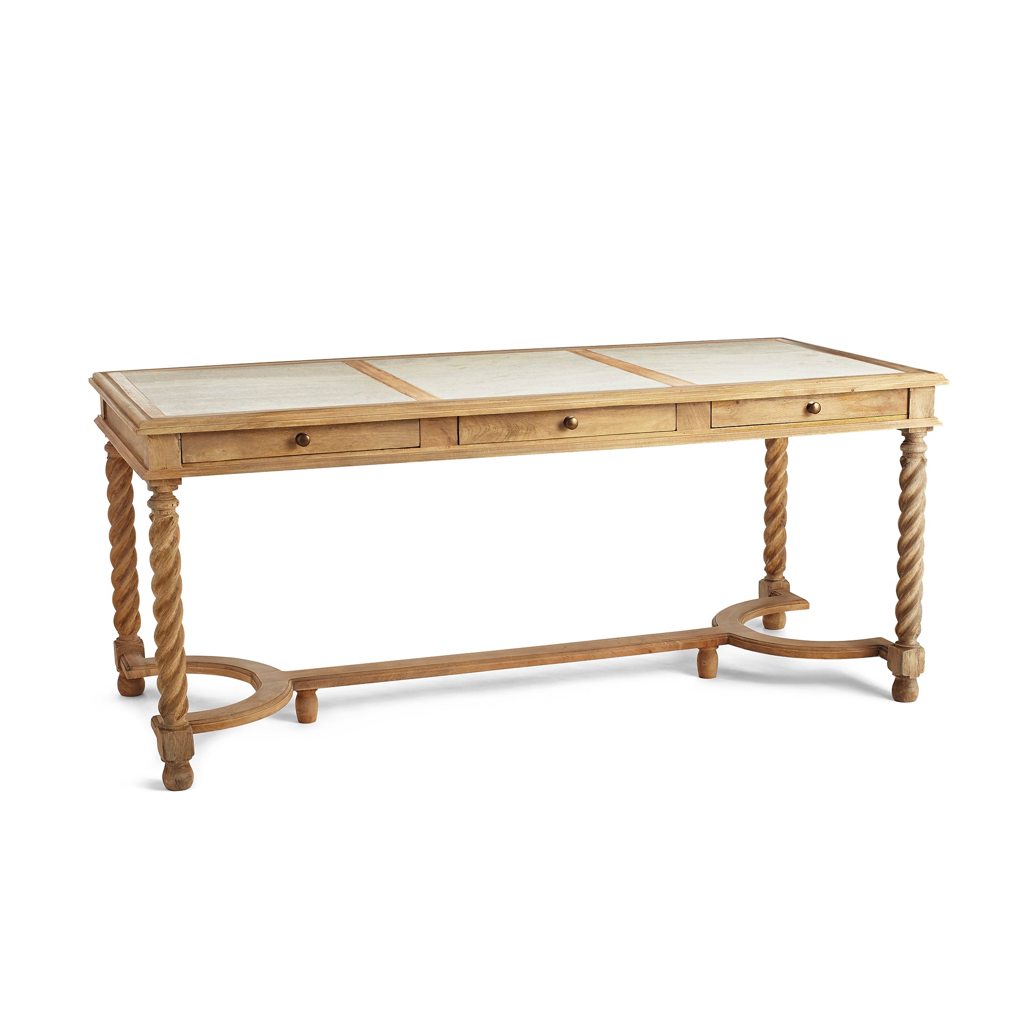 Barley Twist Desk – angled side view, natural wood and white color, isolated background.