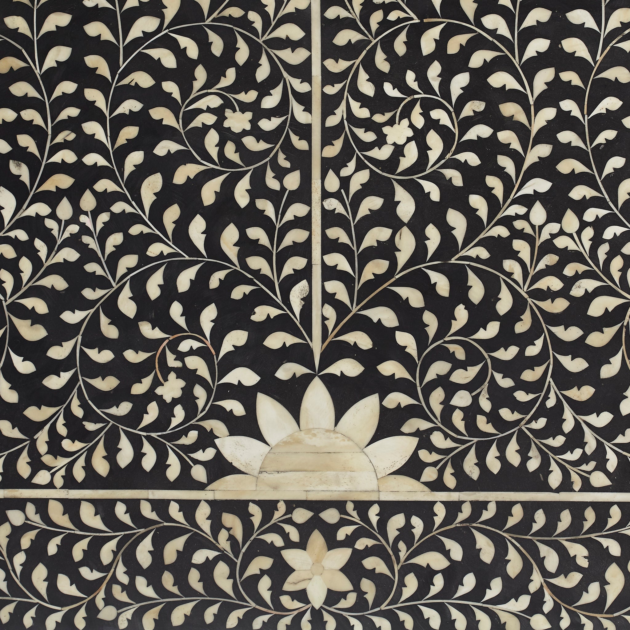 Maharaja Headboard (Mother of Pearl, Bone Inlay) - Centered close-up of lotus and vine motif.