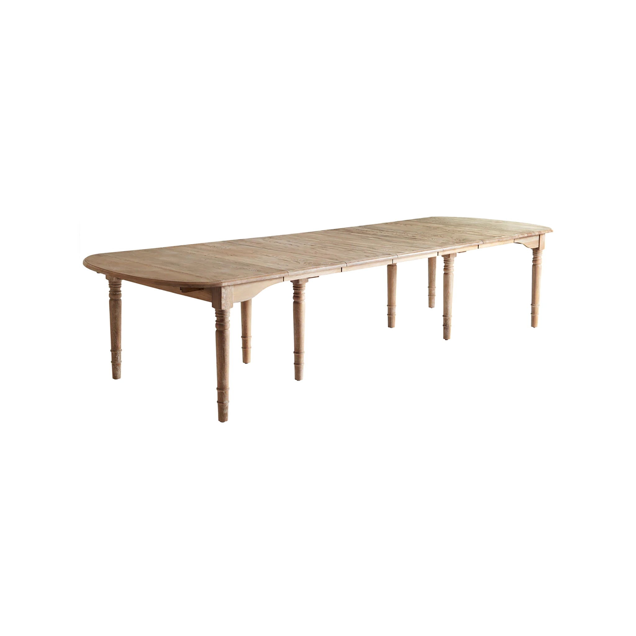 Fully extended, rustic oak finish, turned legs, white background.