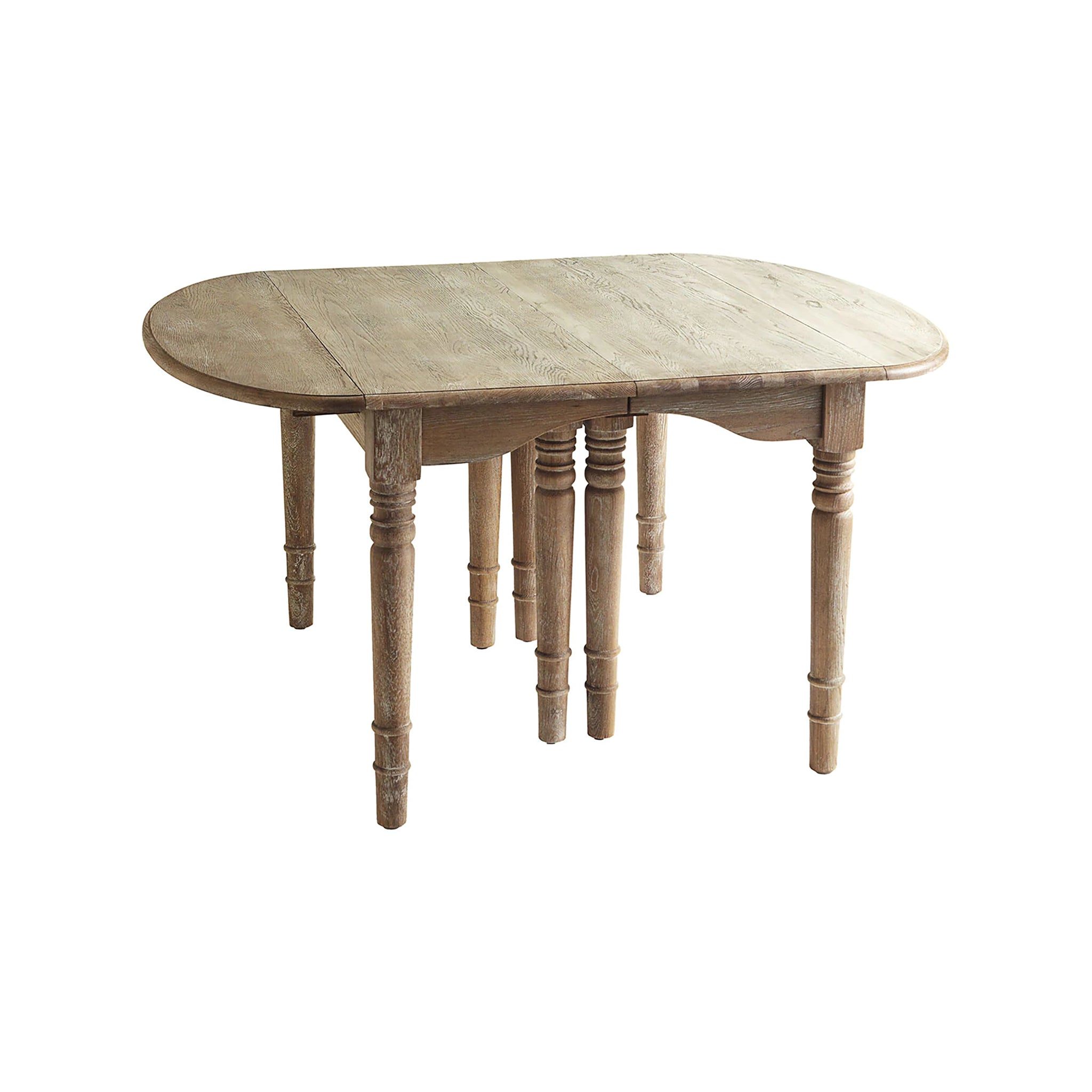 Partially extended, oval shape, wooden legs, classic farmhouse style.