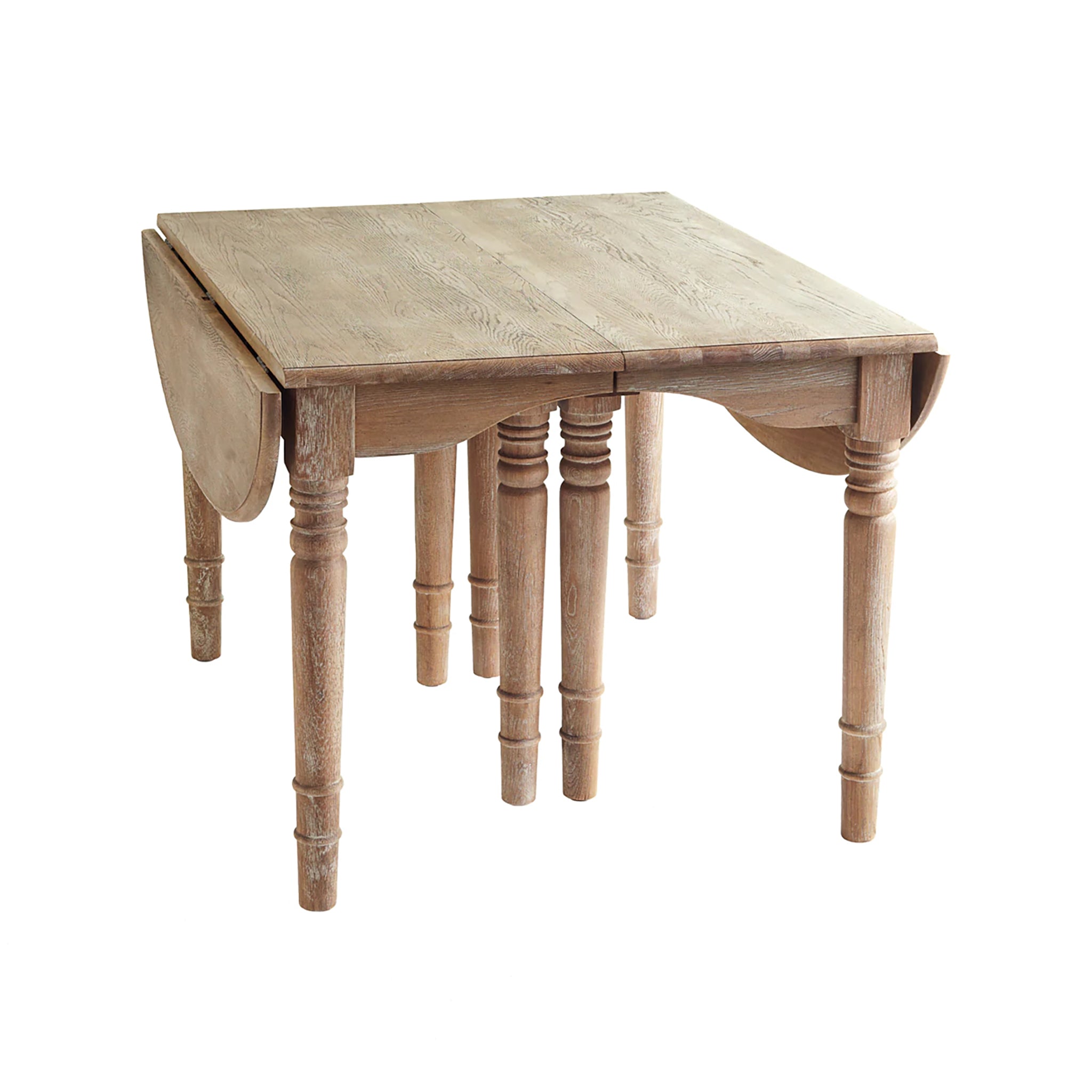 Expandable Oak Farmhouse Table – Folded into a compact square, drop-leaf sides, turned legs.