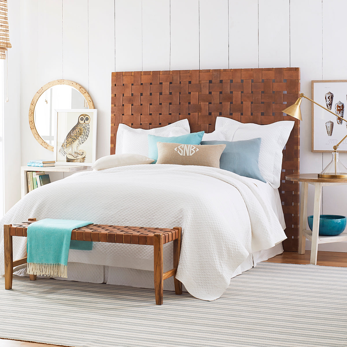 Gortari Woven Leather Headboard in a bedroom setting