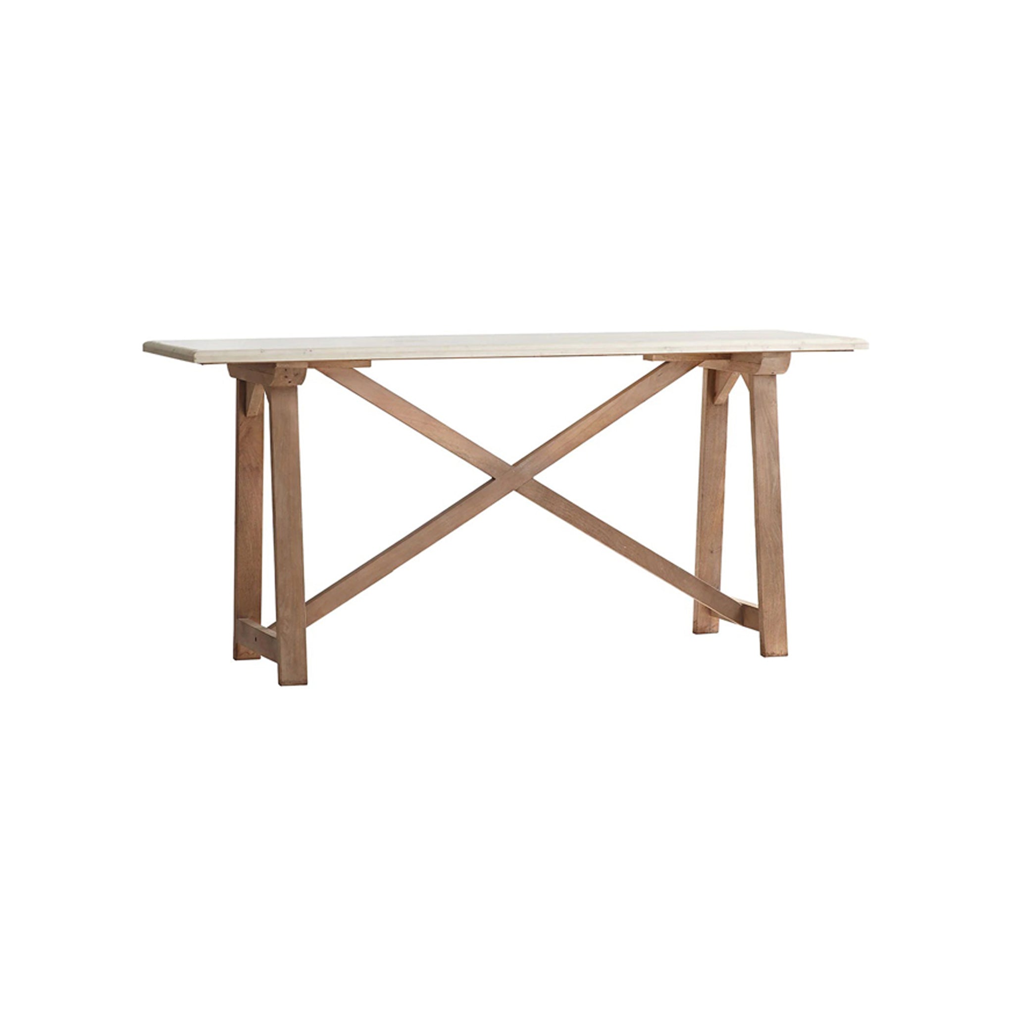 Marble Top Console Table – Wooden base, white marble top, X-frame design, white background.