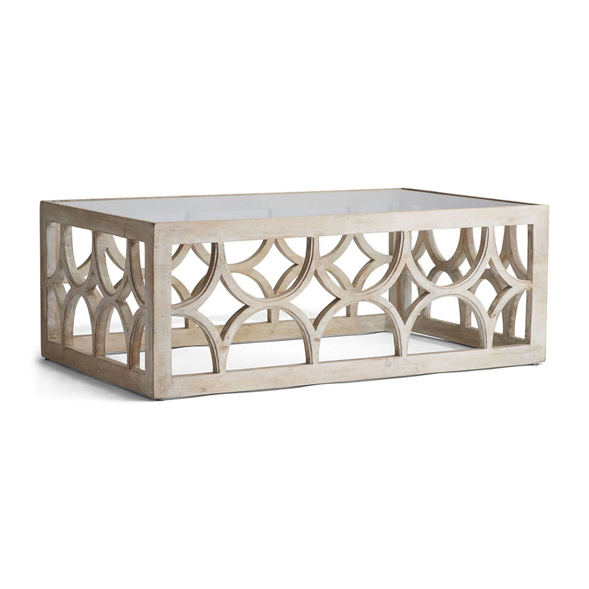 Lime Wash Coffee Table – Rectangular design, open geometric pattern, glass top, white background.