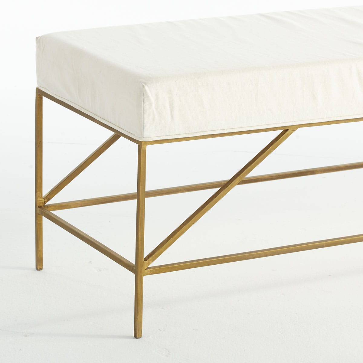 Mid-Century Upholstered Bench – Styled in an elegant room, books, blanket, modern artwork.