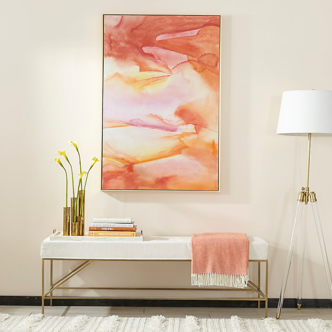 Mid-Century Upholstered Bench – Gold metal frame, white cushioned seat, minimal design.