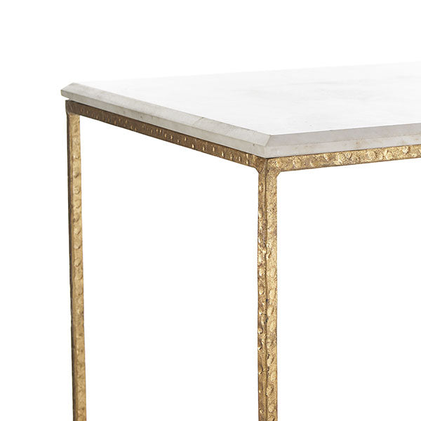Gold Leaf Console Table – White marble surface, subtle veining, beveled edges.