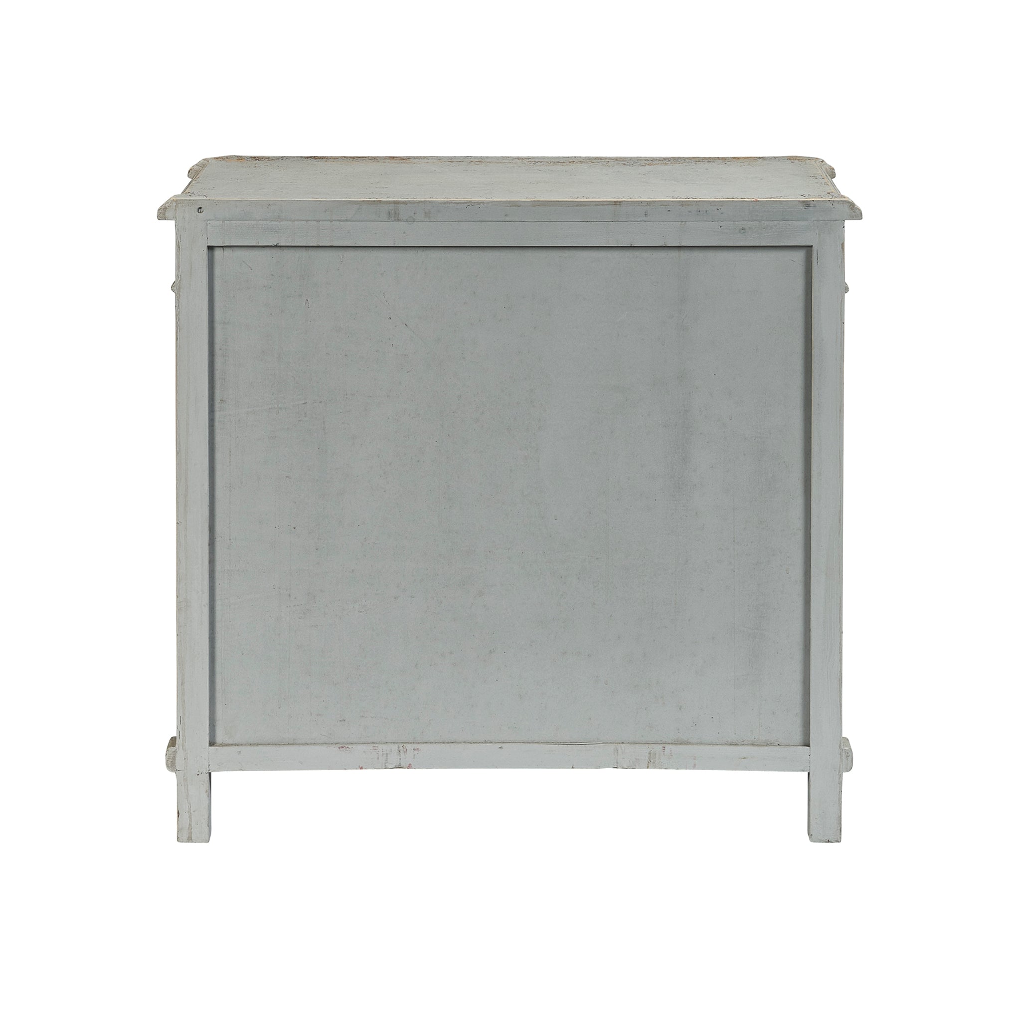Back View of the Antique French Gray Linen Chest on a White Background