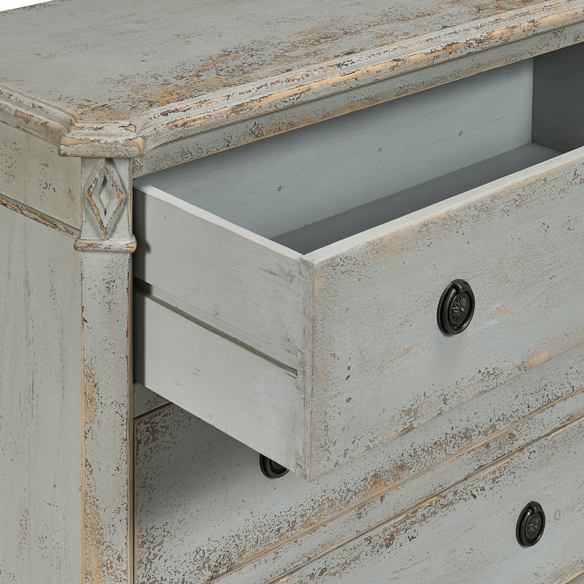 Closeup View of the Antique French Gray Linen Chest Top Surface With Open Drawer