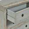 Closeup View of the Antique French Gray Linen Chest Top Surface With Open Drawer