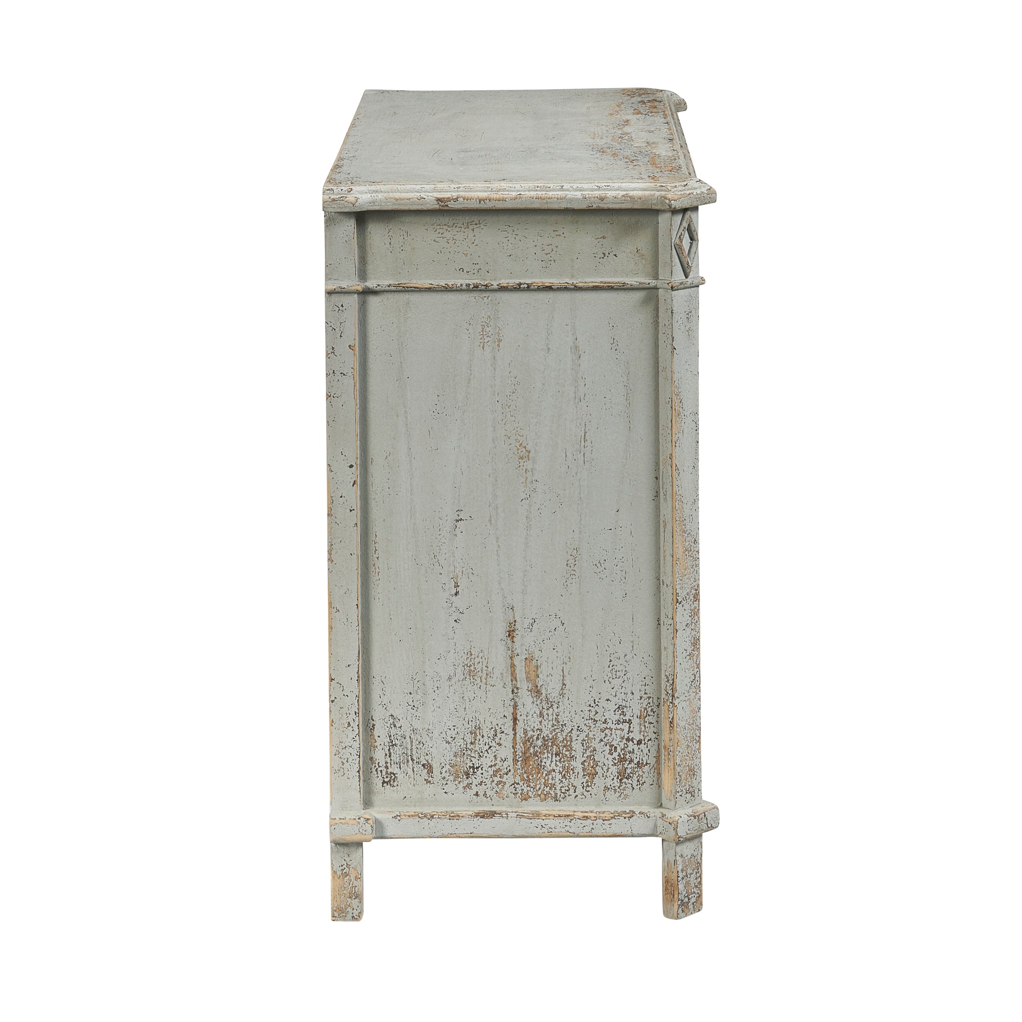 Side View of the Antique French Gray Linen Chest on a White Background