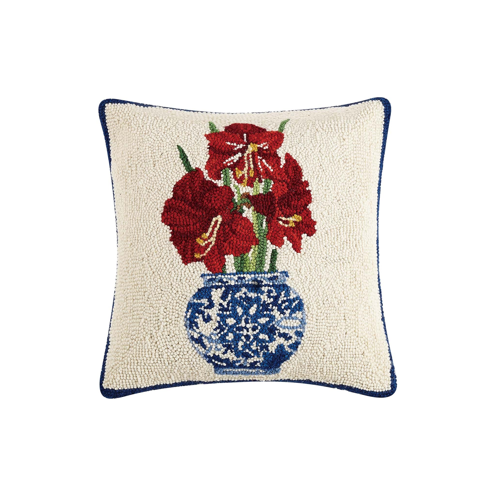 Festive Amaryllis and Chinoiserie Pot Hooked Pillow