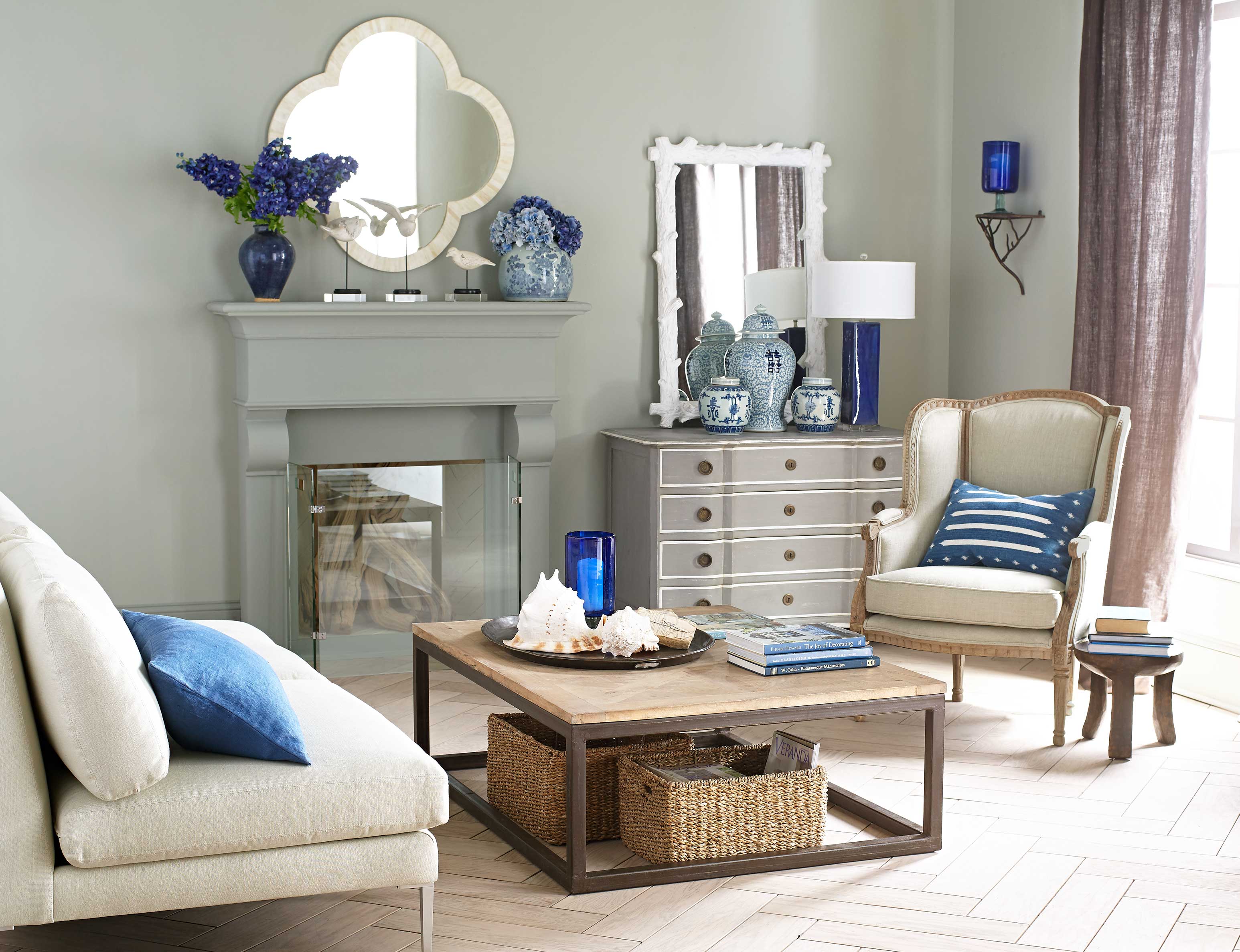 Original Parquet Coffee Table in a Living Room Setting: With Baskets Underneath, Couch, and Chairs Around