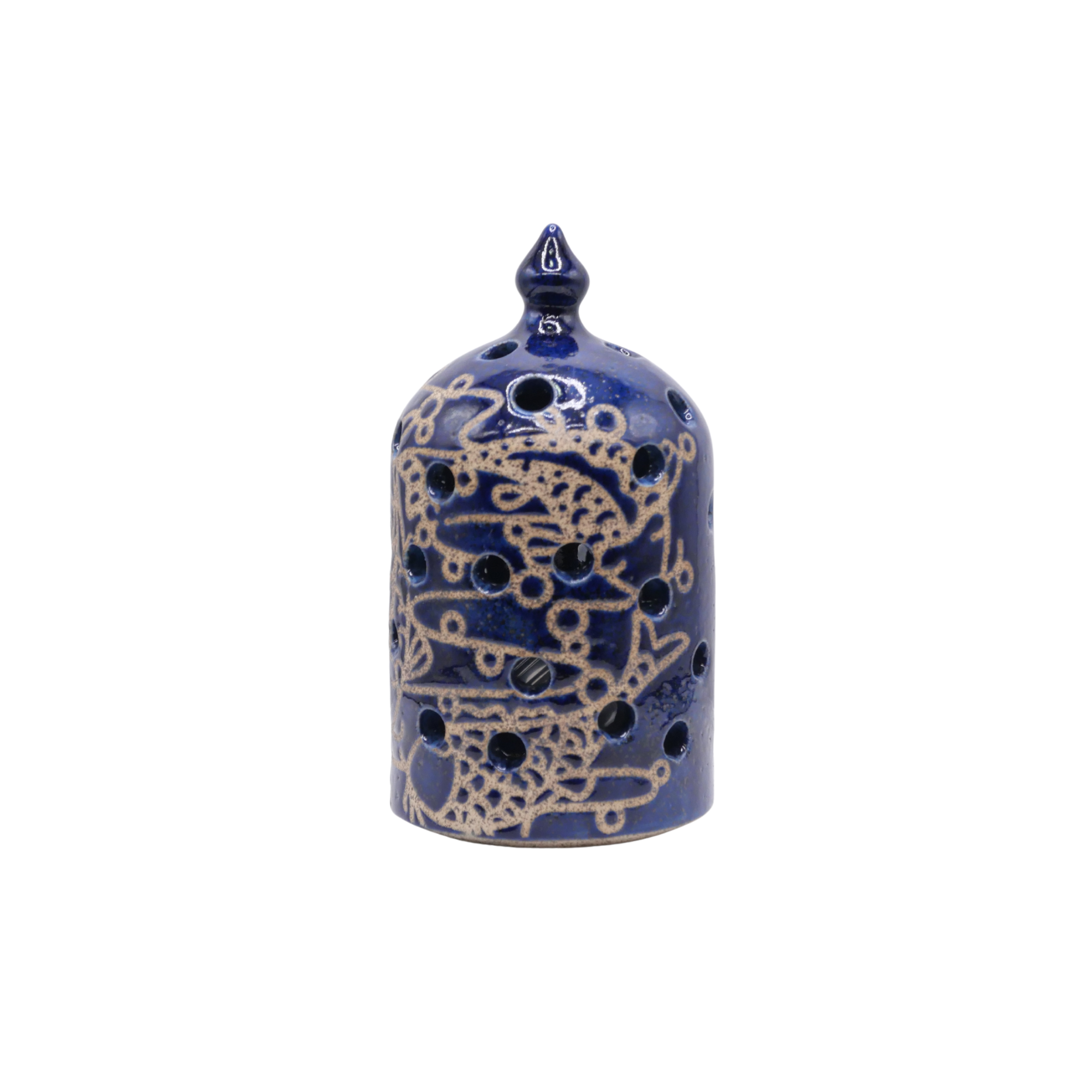 Blue ceramic incense burner with intricate gold patterns on a white background