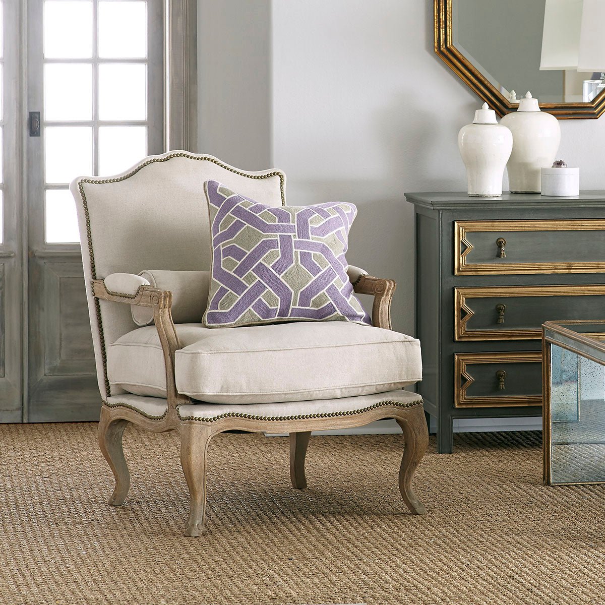 Natural Linen Studded Lounge Armchair - Wisteria