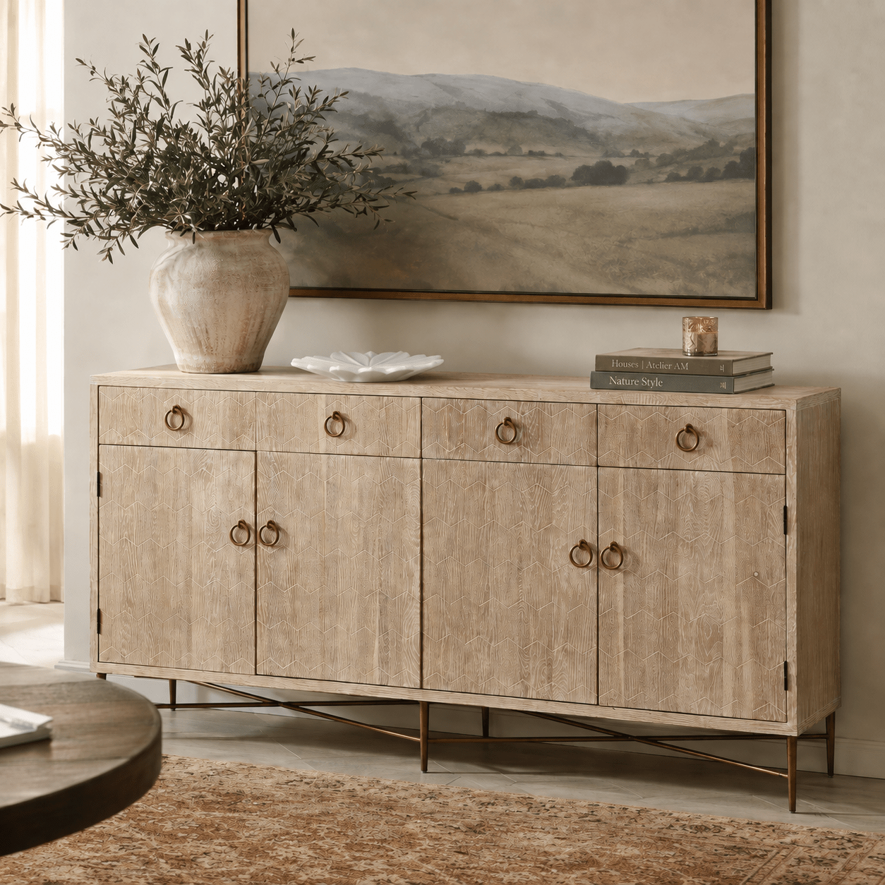 Carved Chevron Oak Sideboard - Wisteria