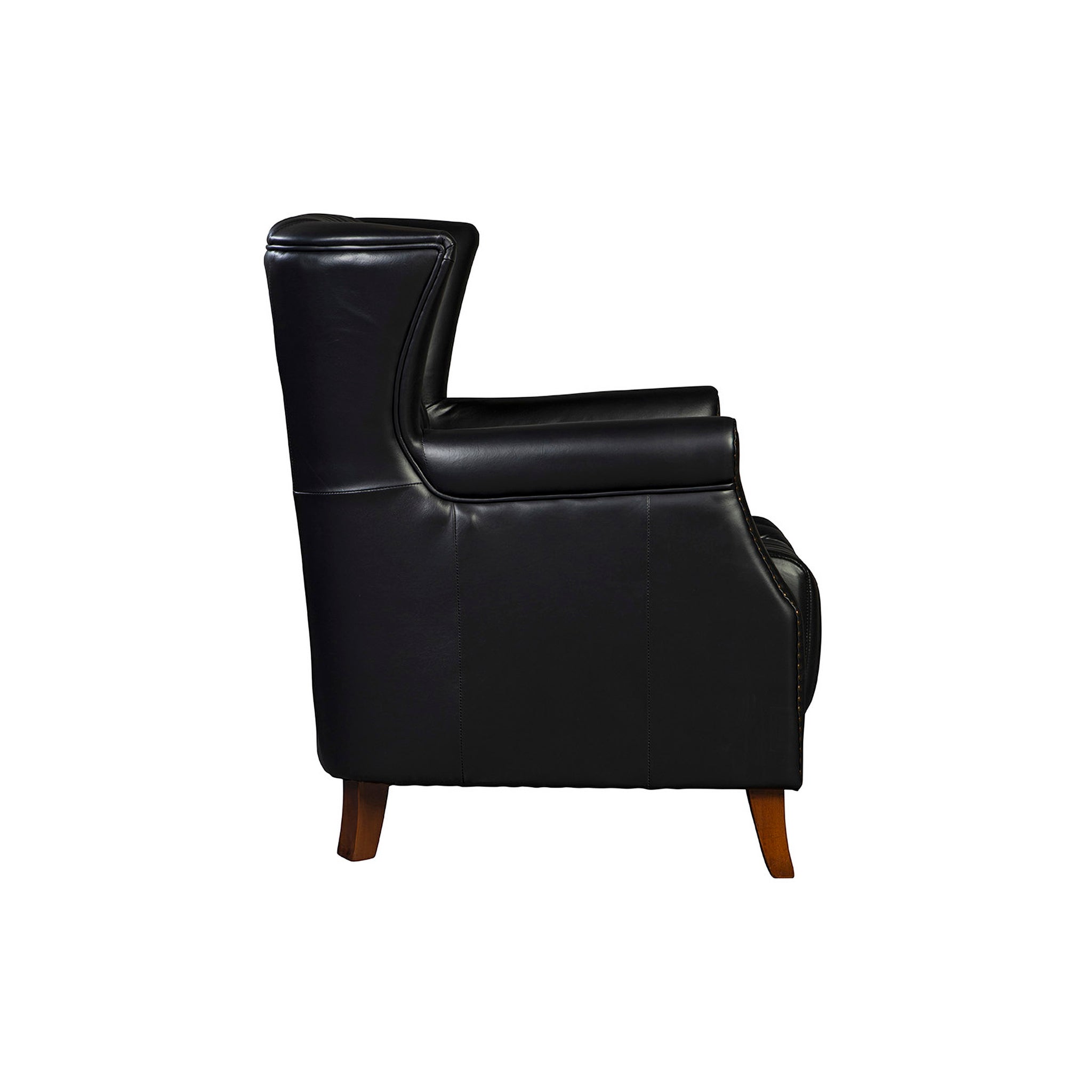 Black Les Puces Leather Club Chair: Side view showing wing profile