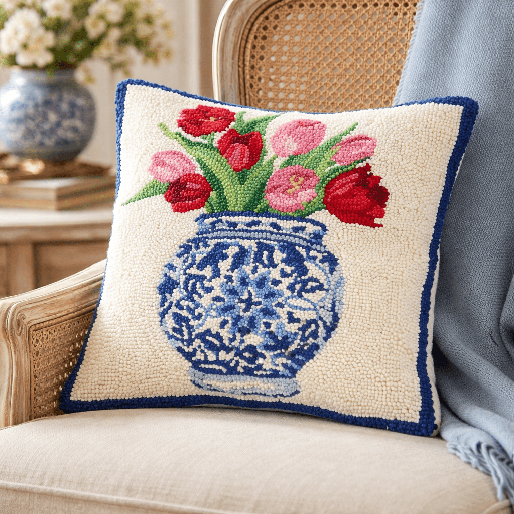 Red and Pink Tulips and Chinoiserie Pot Hooked Pillow - Wisteria