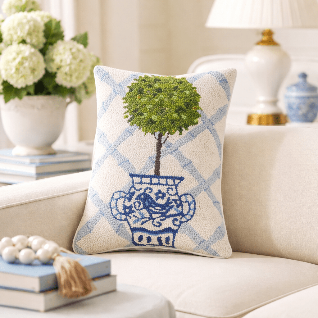 Tall Topiary and Chinoiserie Pot Hooked Pillow - Wisteria