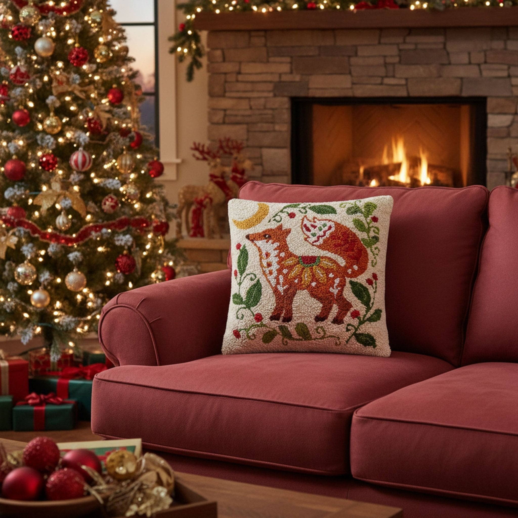 Reynard Holiday Hooked Pillow - Wisteria