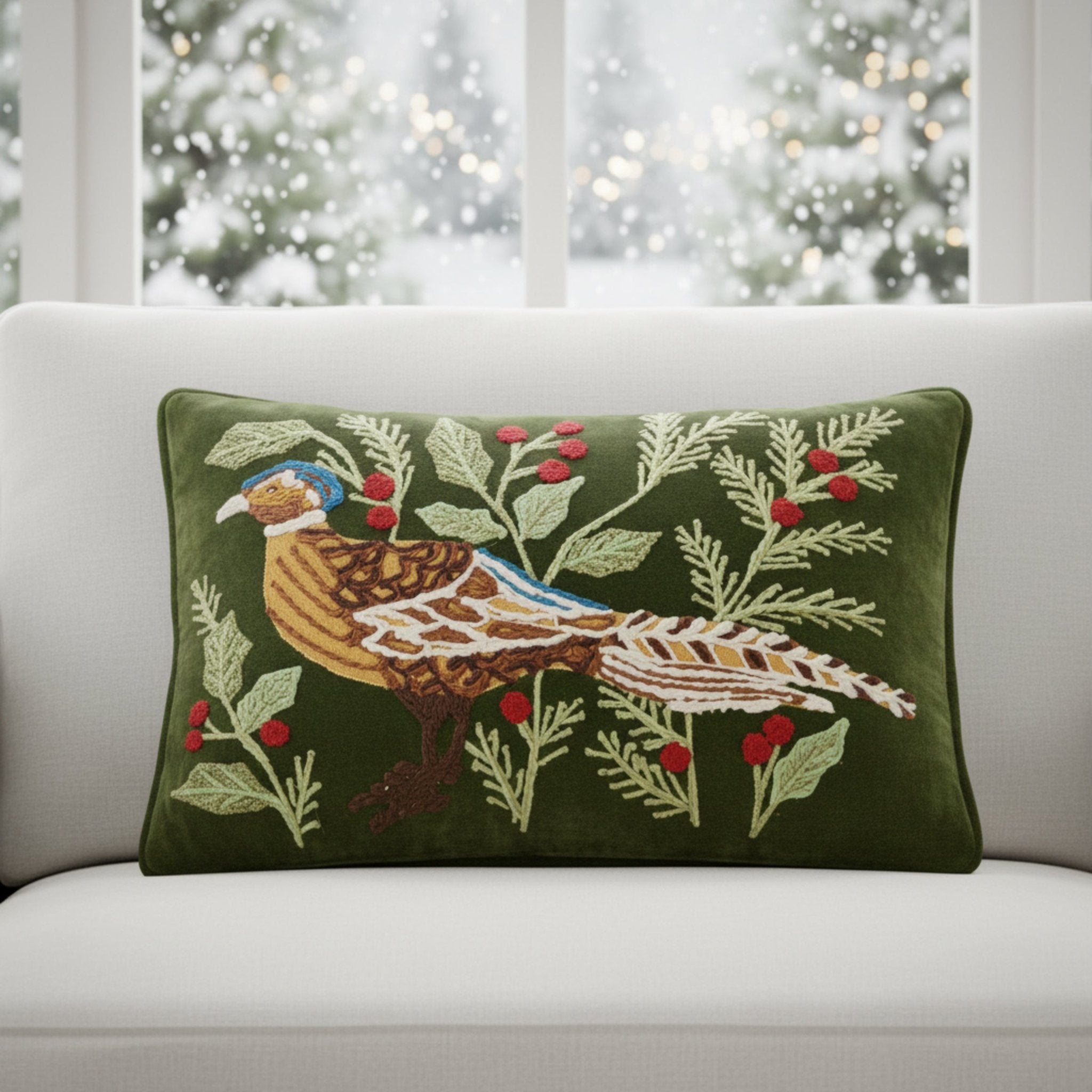 Bramblewick Embroidered Pheasant Pillow - Wisteria