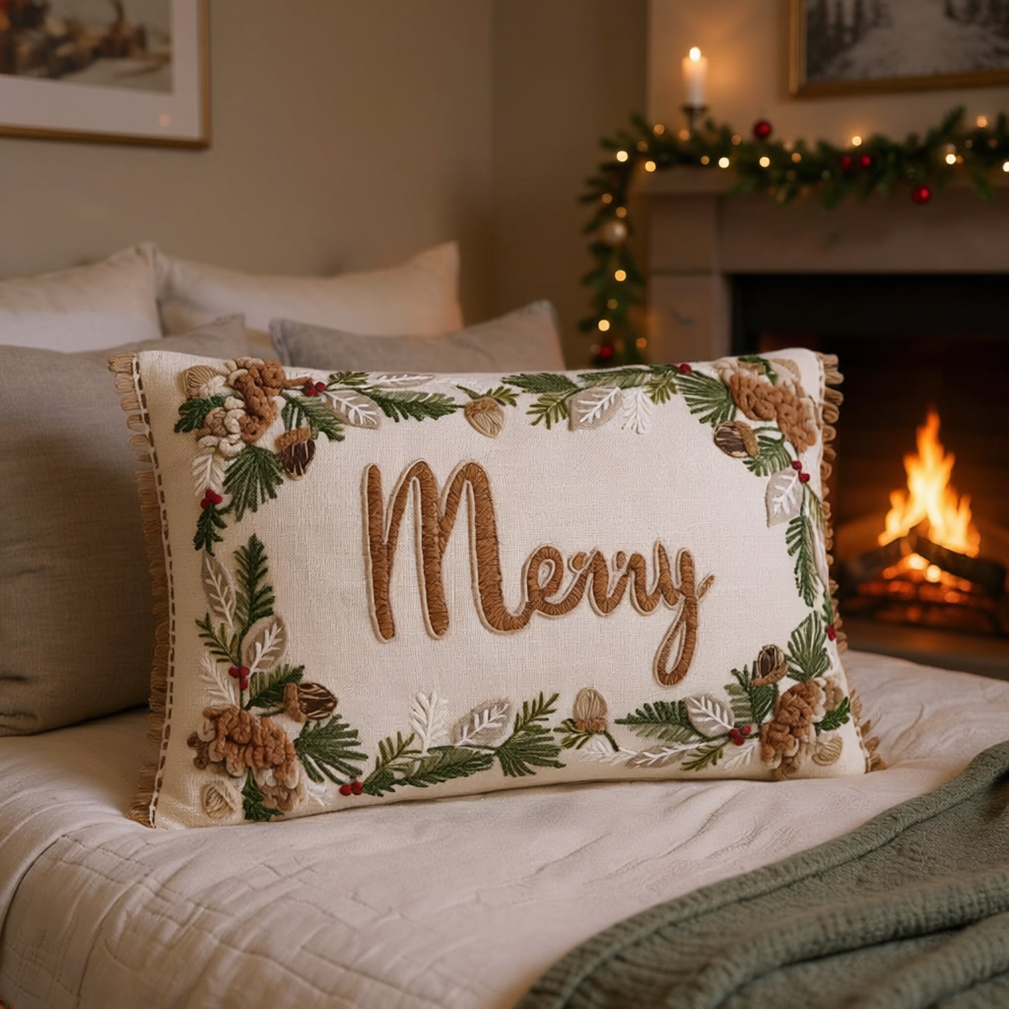 Pemberly Embroidered Merry Pillow - Wisteria