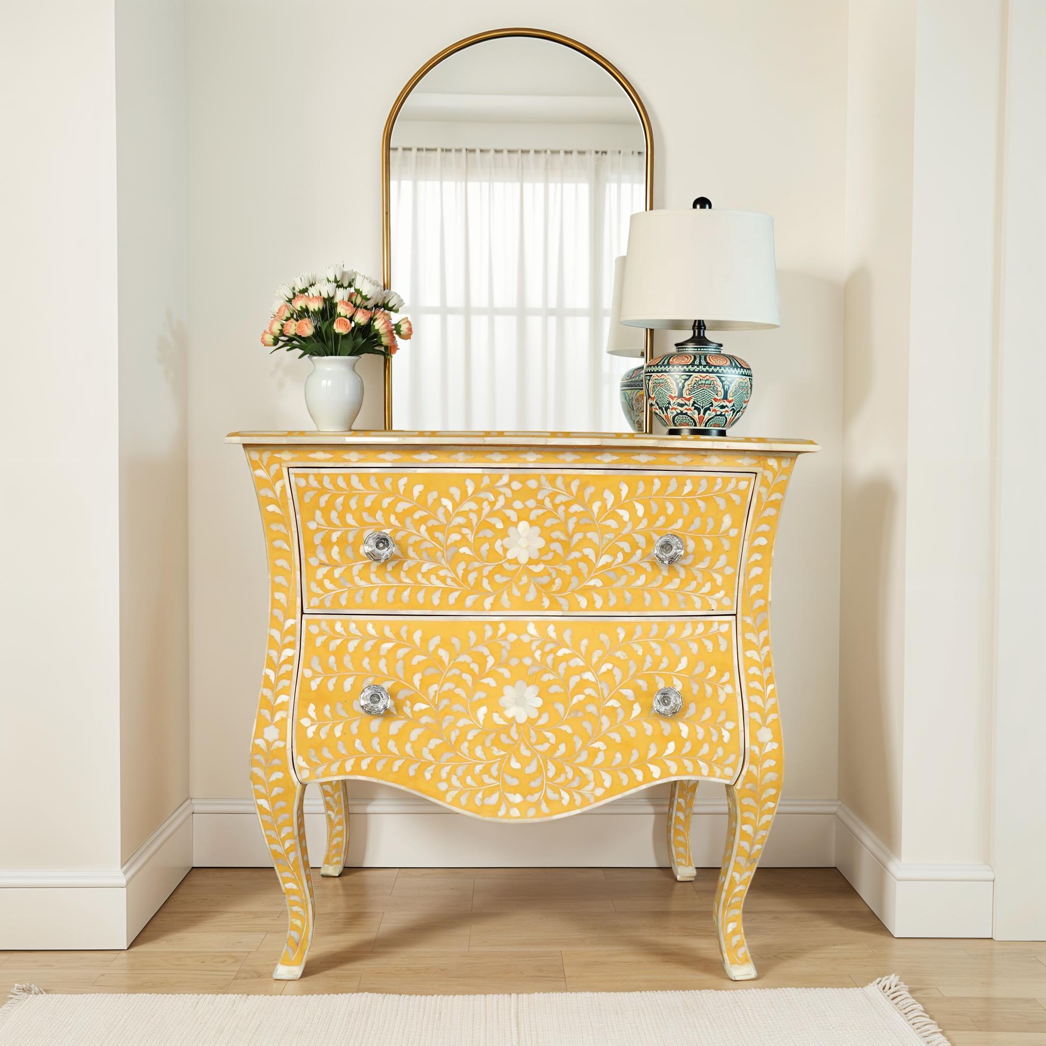 Gold Inlay Nightstand with Drawers | Wisteria Mother of Pearl Gold Inlay Nightstand with Drawers | Wisteria Mother of Pearl