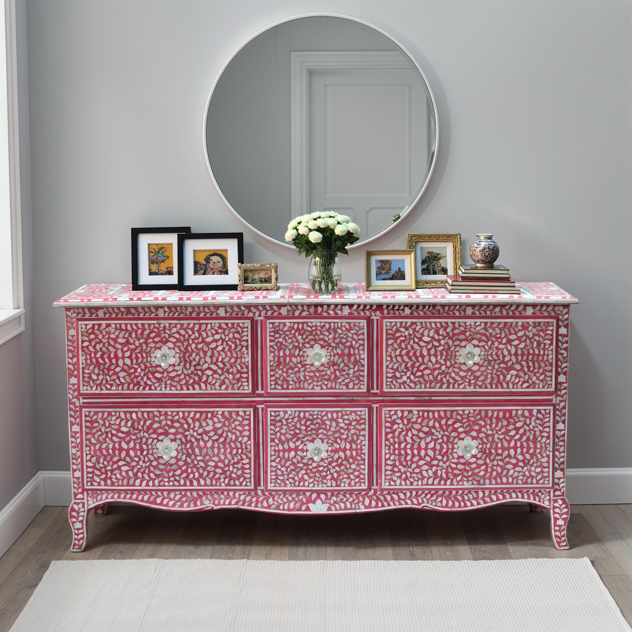 Pink Dresser with Flower Knobs | Wisteria Mother of Pearl Pink Dresser with Flower Knobs | Wisteria Mother of Pearl