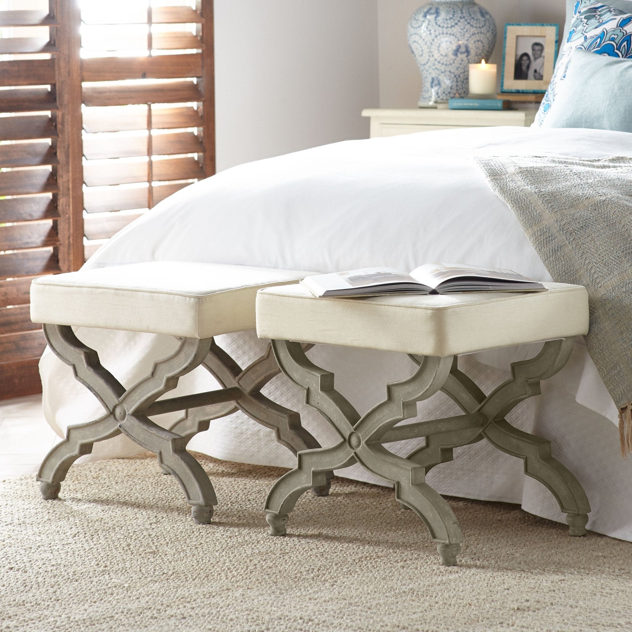 Linen Rack Stool Plush Linen Upholstered Stool with Carved Oak Base | Wisteria