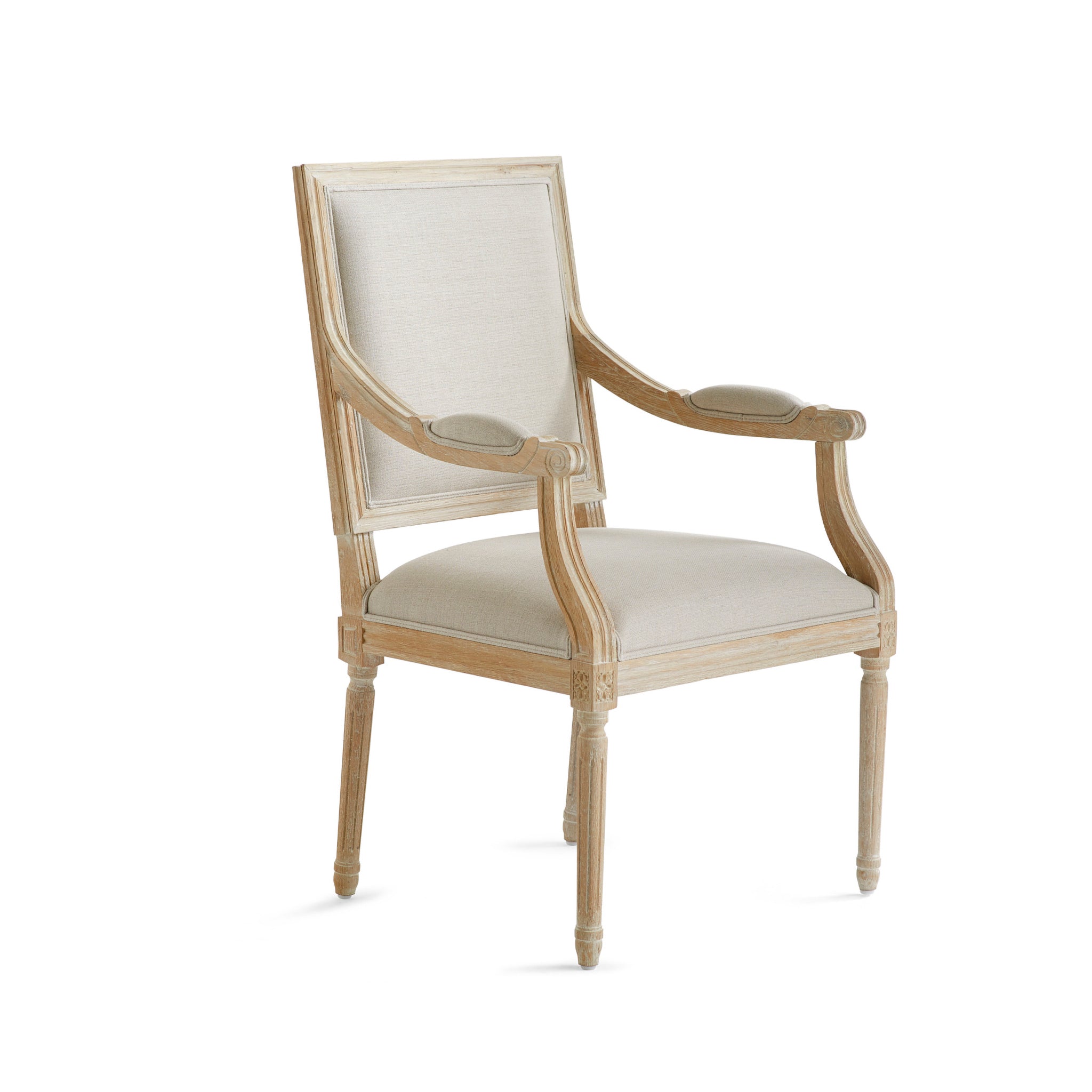 Chateau Chair With Arm – side angle, natural linen, bleached wood, white background.