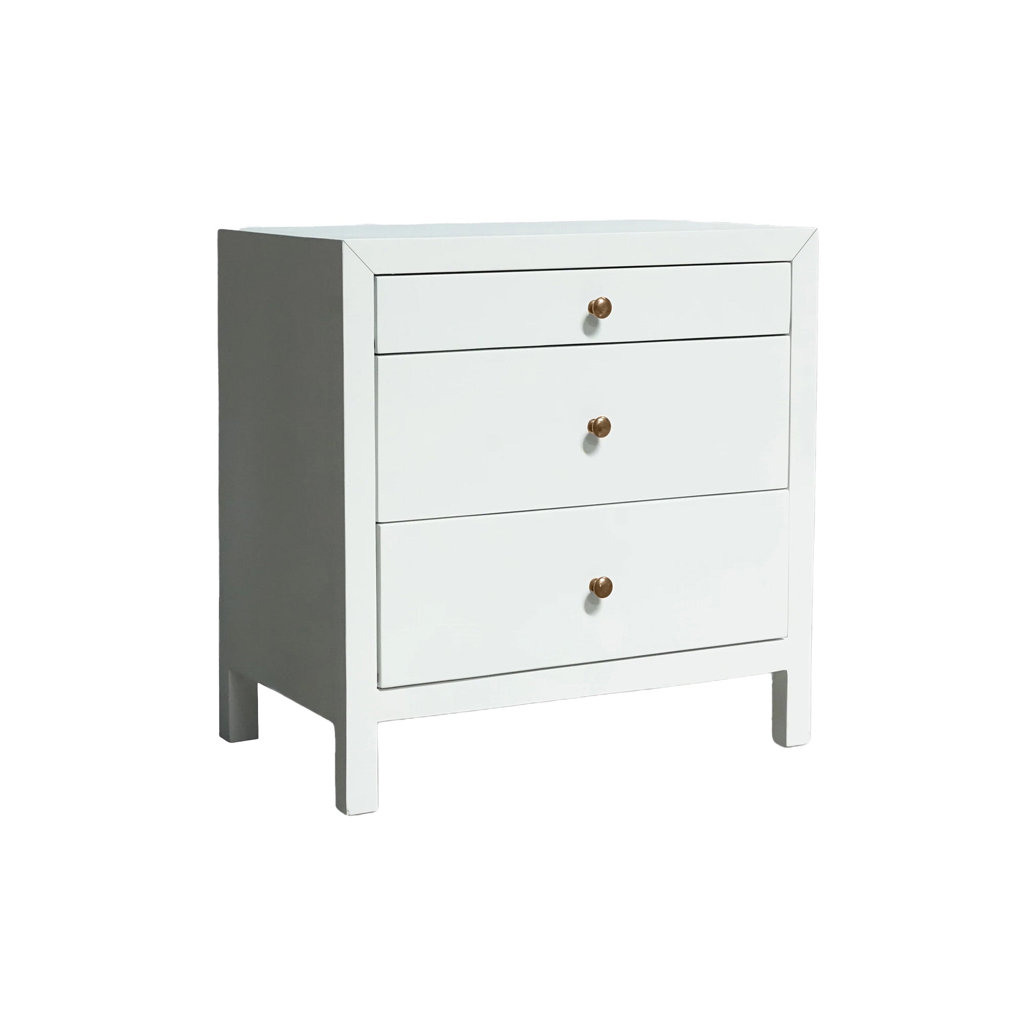 Small Sleek Chest - White chest, closed drawers, angled front view.