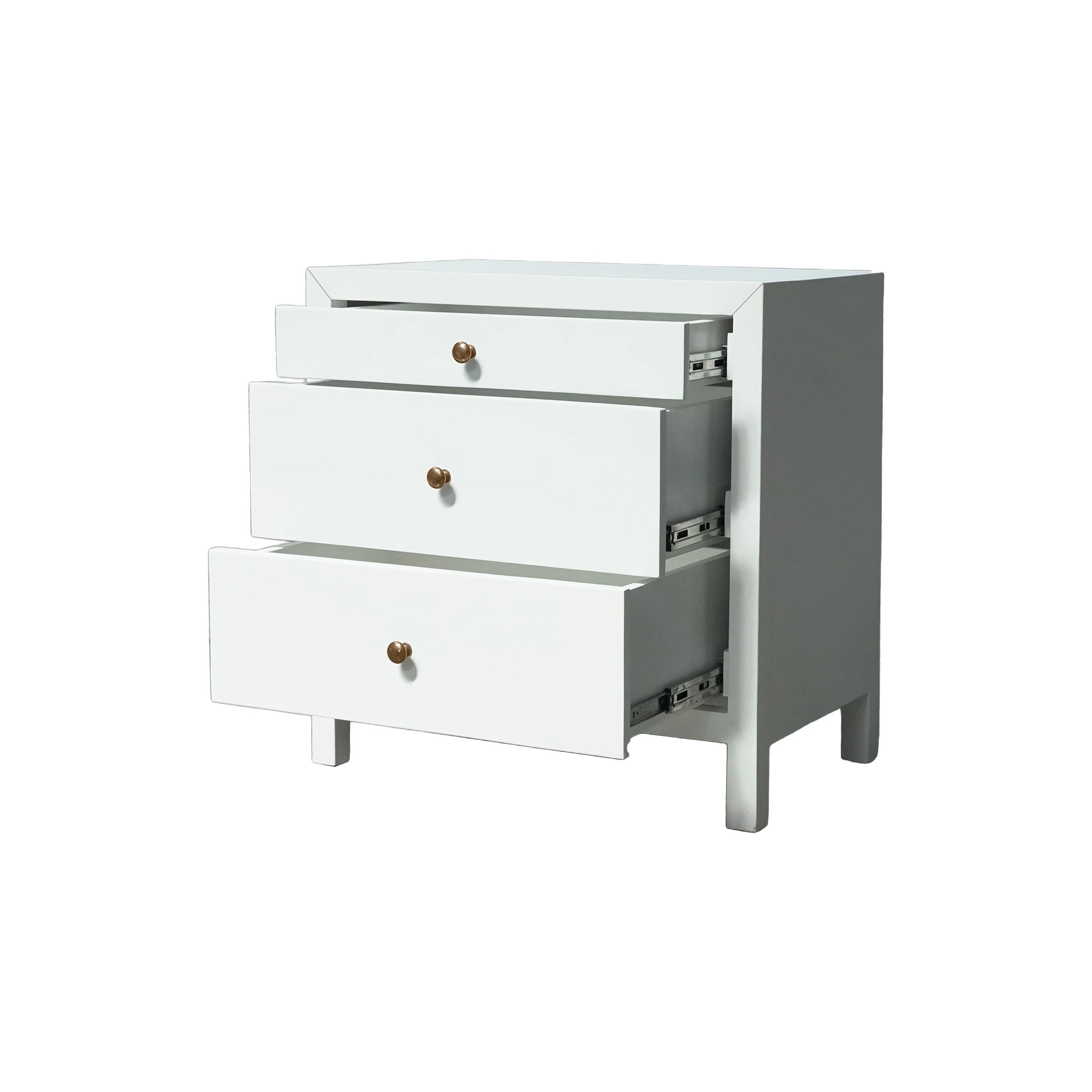 Small Sleek Chest - White finish, three drawers, angled view.