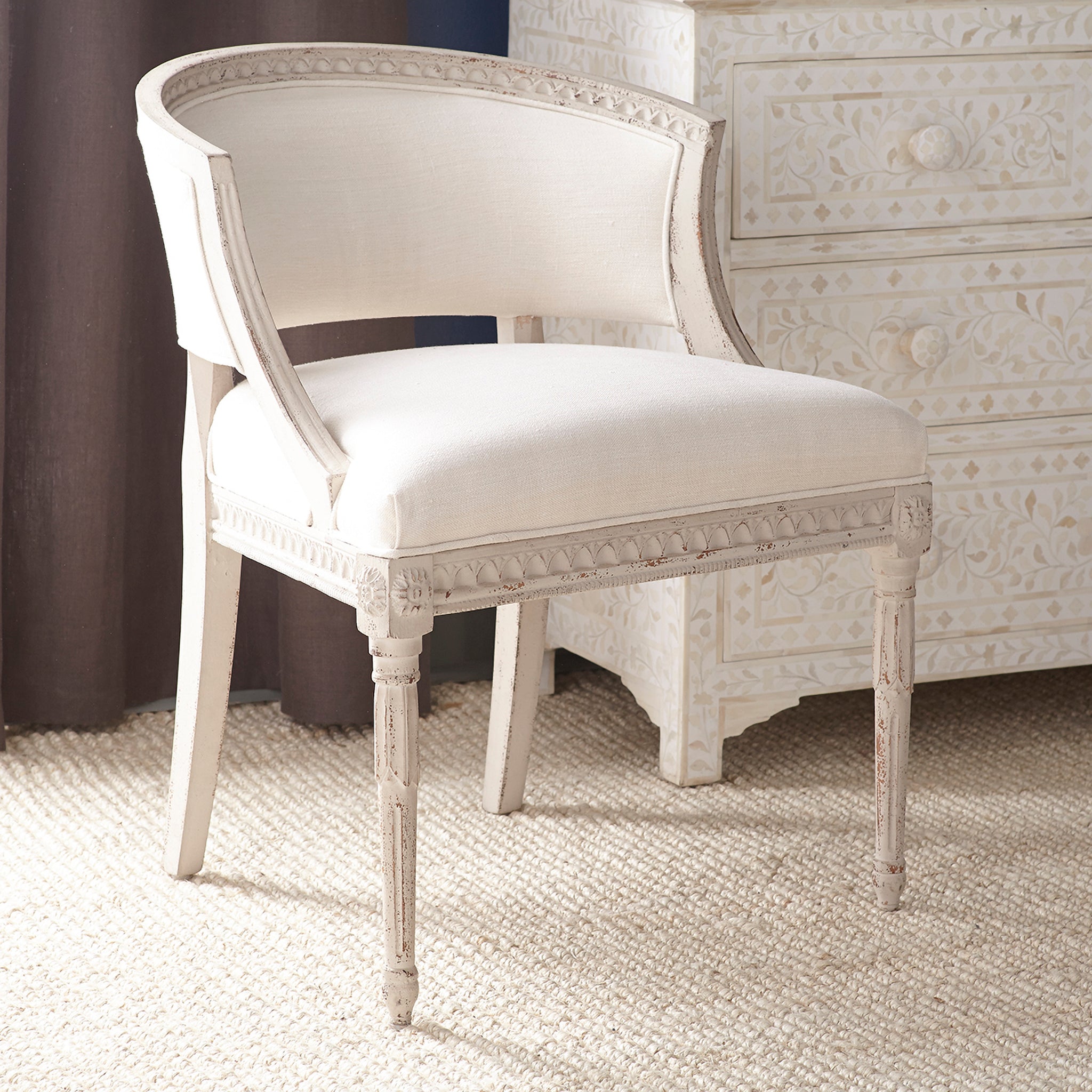 Ivory Gustavian Tub Chair With White Cloth with White Chest Lifestyle