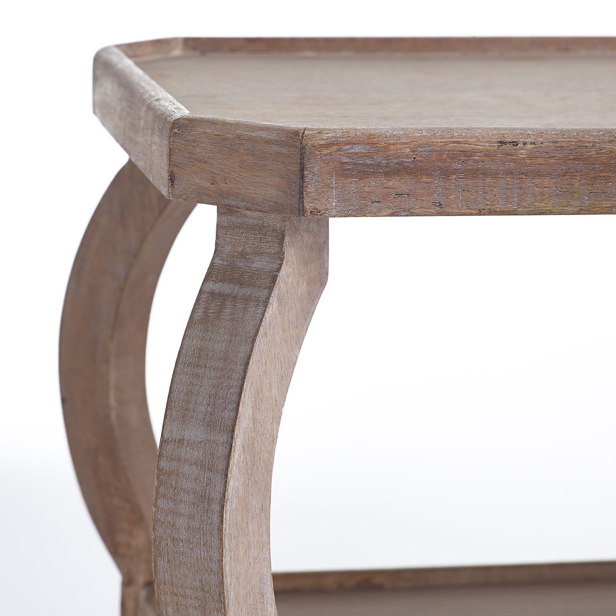Rana Tiered Mango Wood Console Table: Angled view showing three shelves