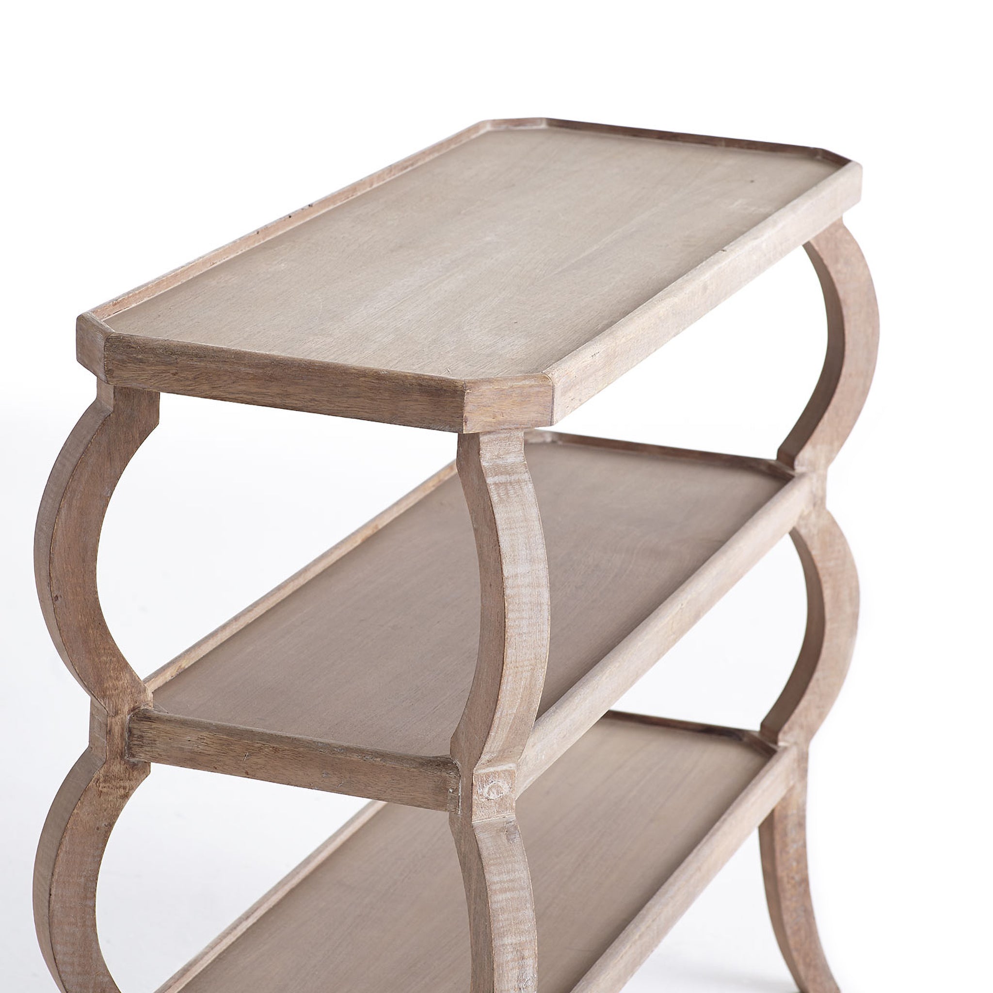 Rana Tiered Mango Wood Console Table: Side profile showing S-shaped supports