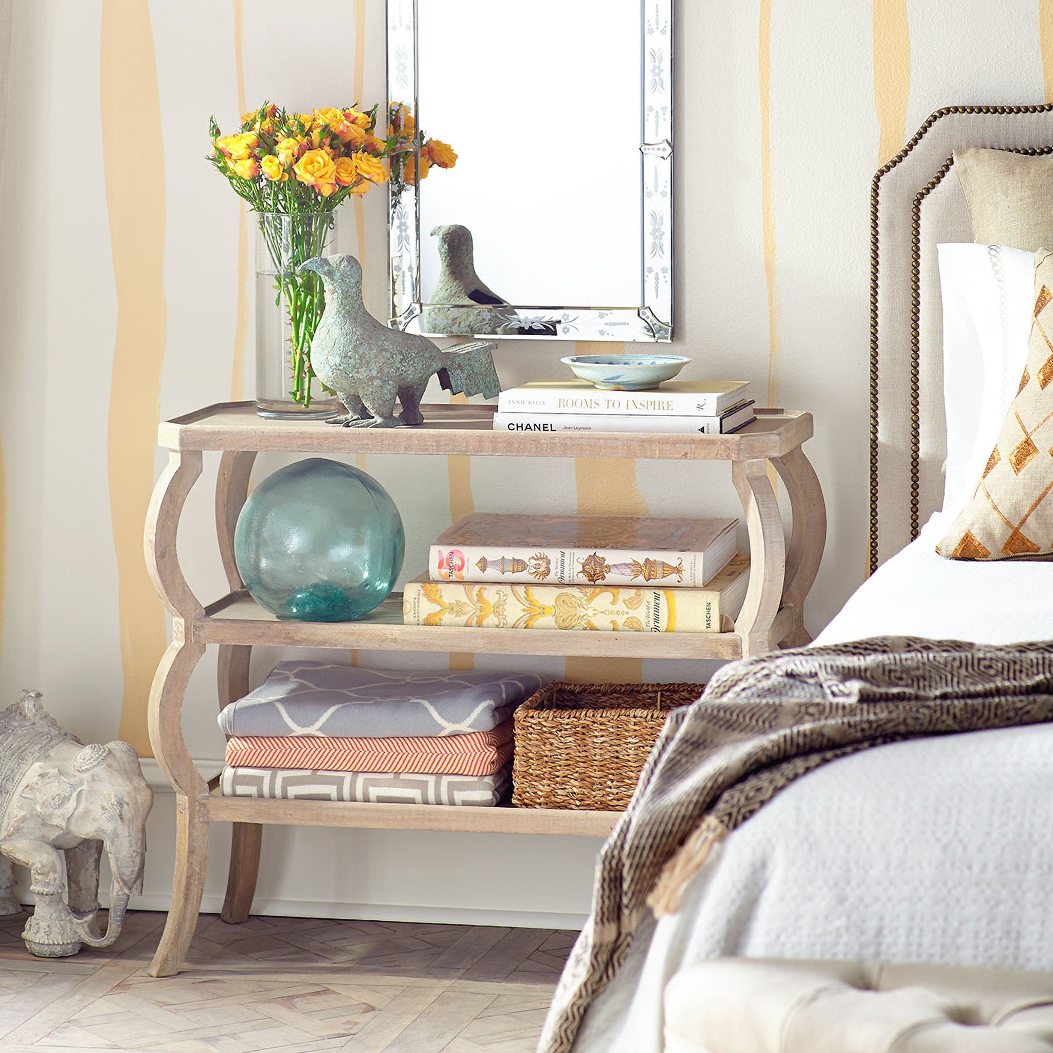 Rana Tiered Mango Wood Console Table: Console styled in entryway setting