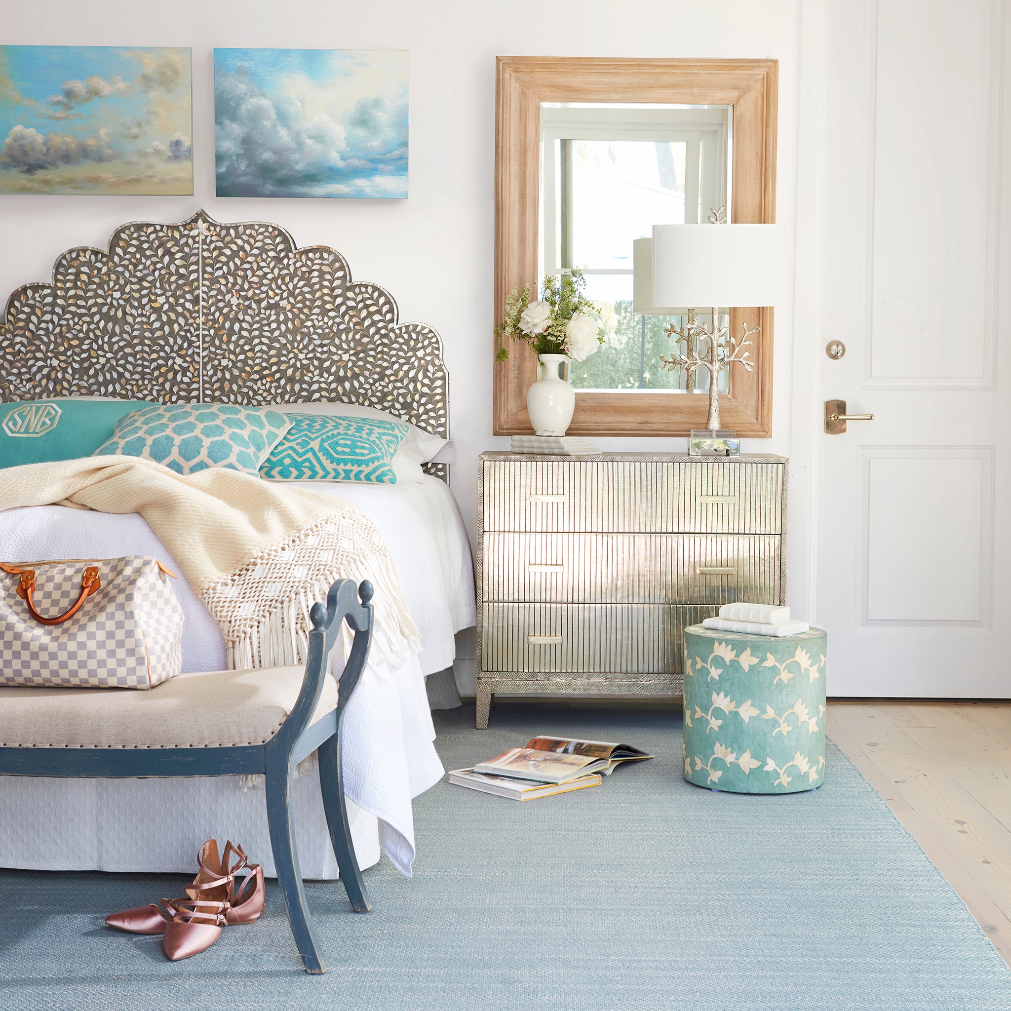 Maharaja Headboard (Mother of Pearl, Bone Inlay) - Wide bedroom view with headboard, dresser, and decor.