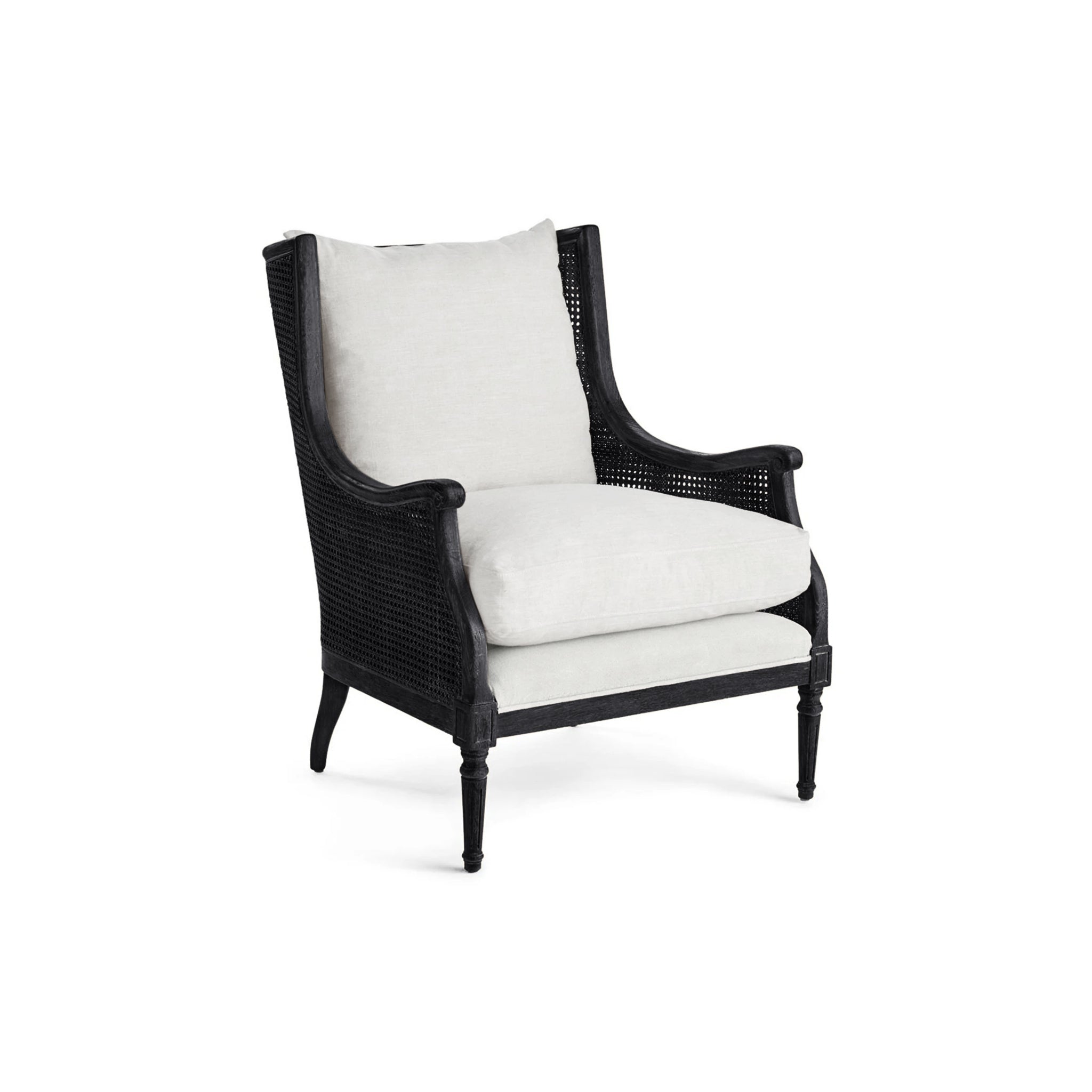 Front Isometric View of the Halle Cane Back Chair (Color - Black) on a White Background