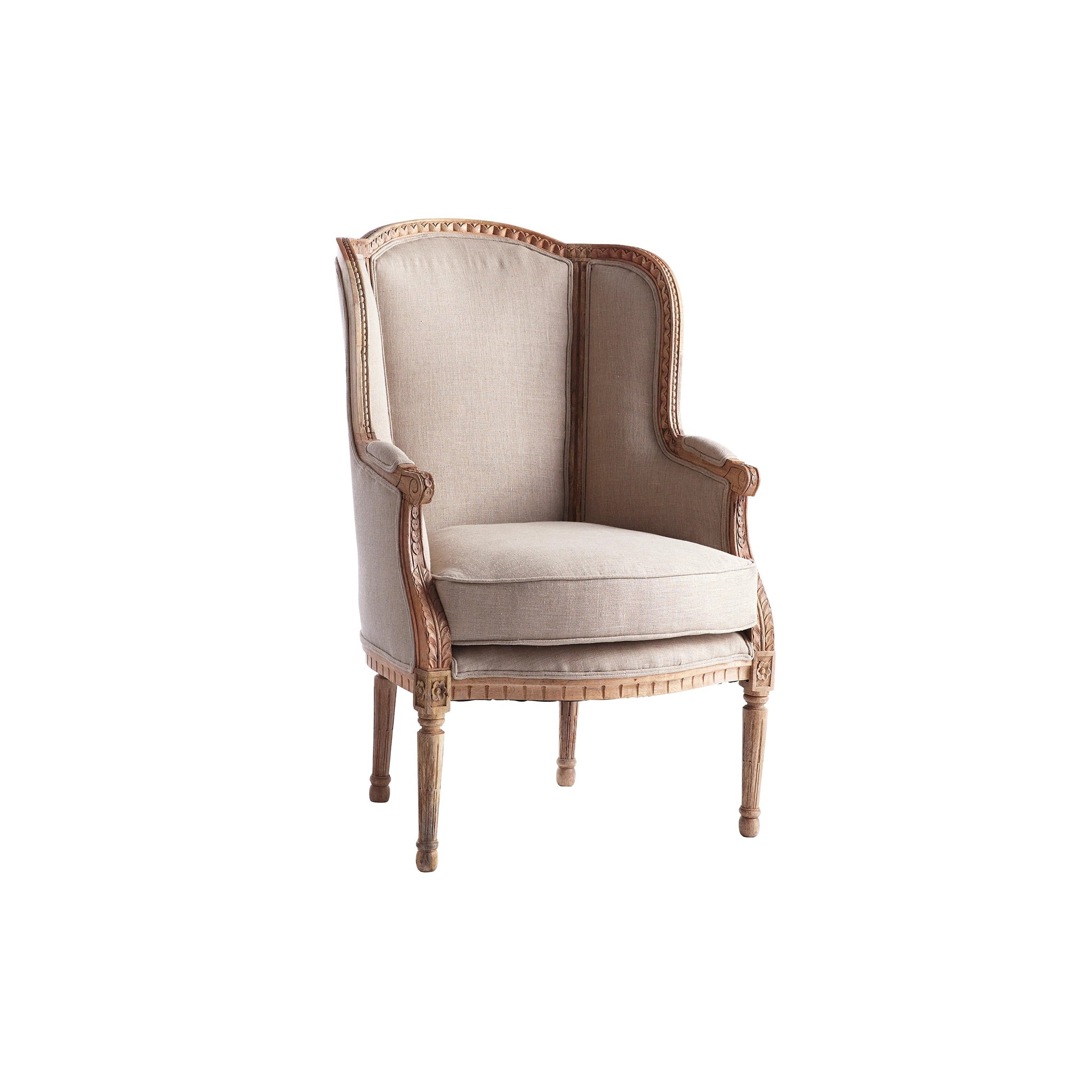 Natural linen Louis XV Wing Chair with a wooden frame