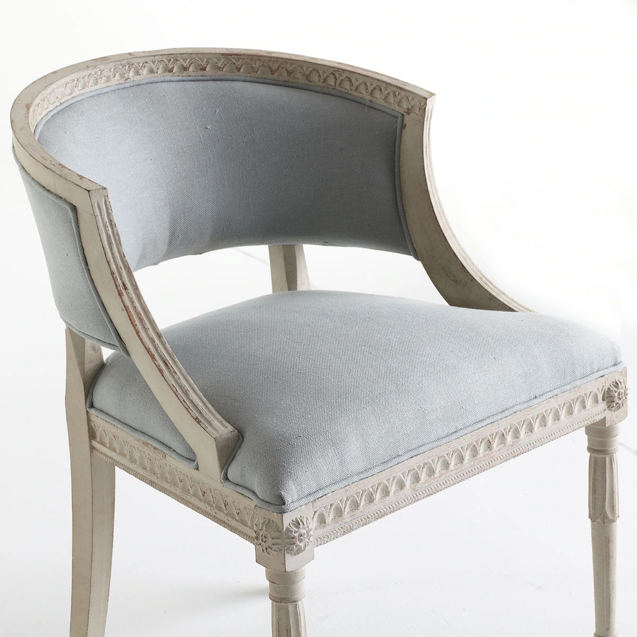 Closeup View Of Gustavian Tub Chair With Slate Blue Cloth
