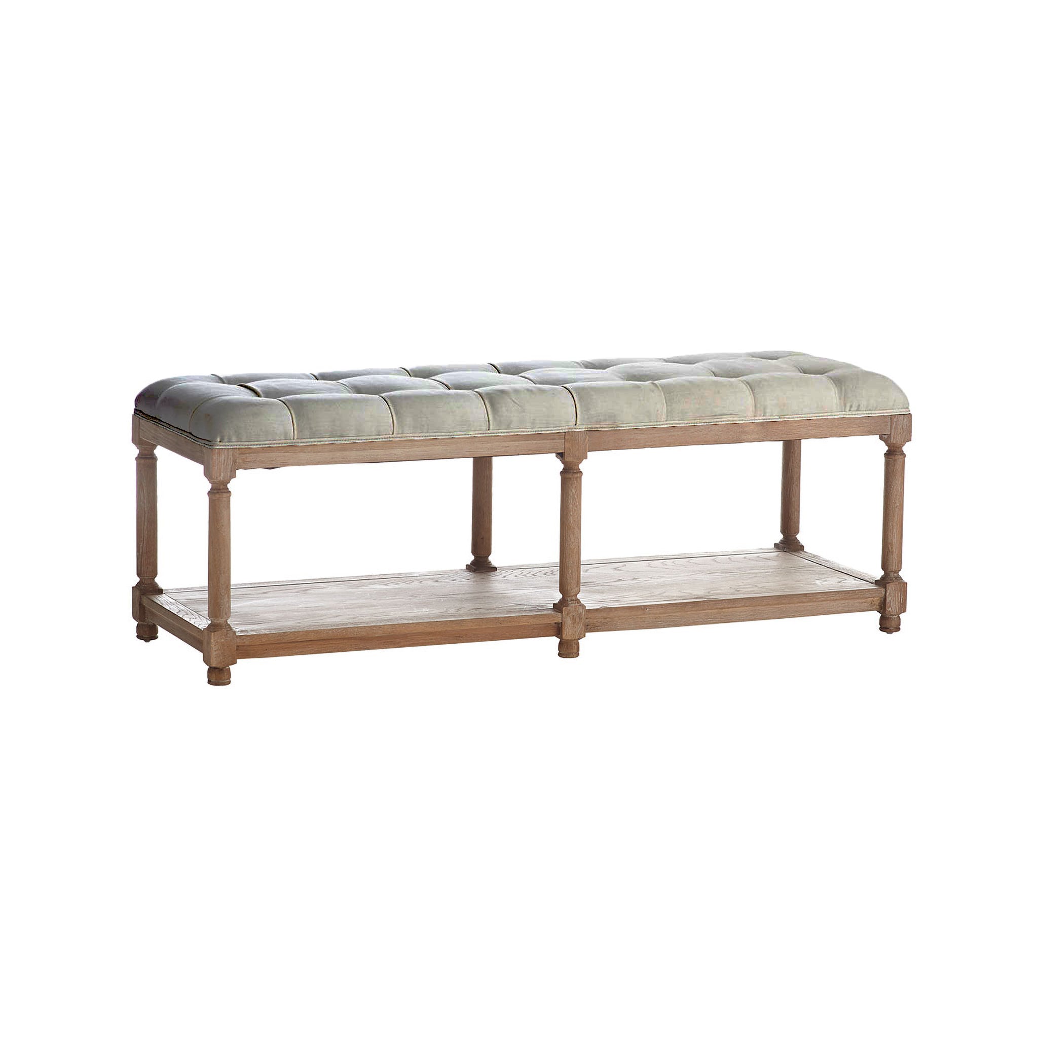 Chesterfield Bench – angled view, Stone tufted cushion, natural wood frame, white background.