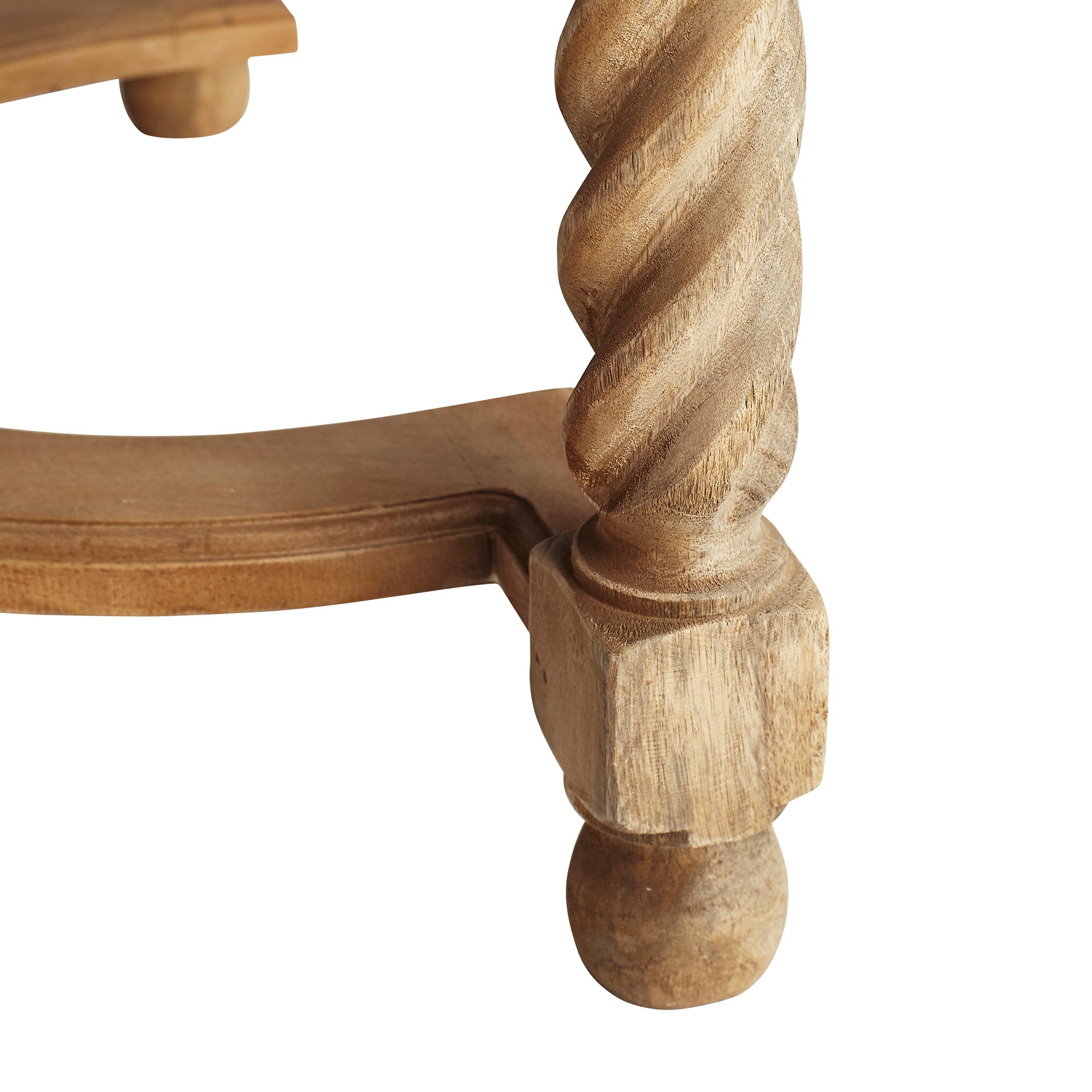 Barley Twist Desk – natural wood color, close-up of turned leg and stretcher.